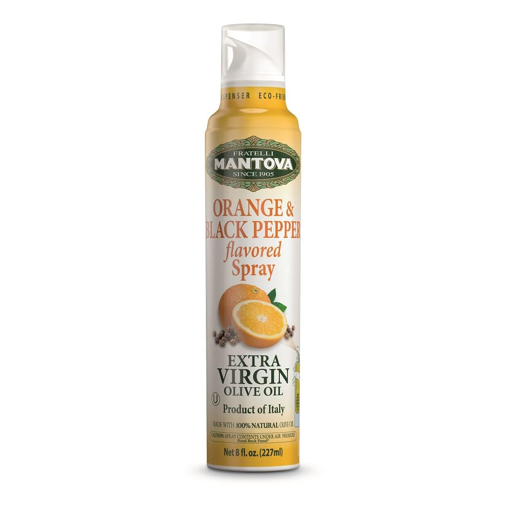 Mantova Orange & Black Pepper Extra Virgin Olive Oil Spray, heart-healthy cooking spray perfect for salads and pasta, 100% natural cooking oil made in Italy, olive oil dispenser bottle sprays, drips, or streams with no waste, 8 oz