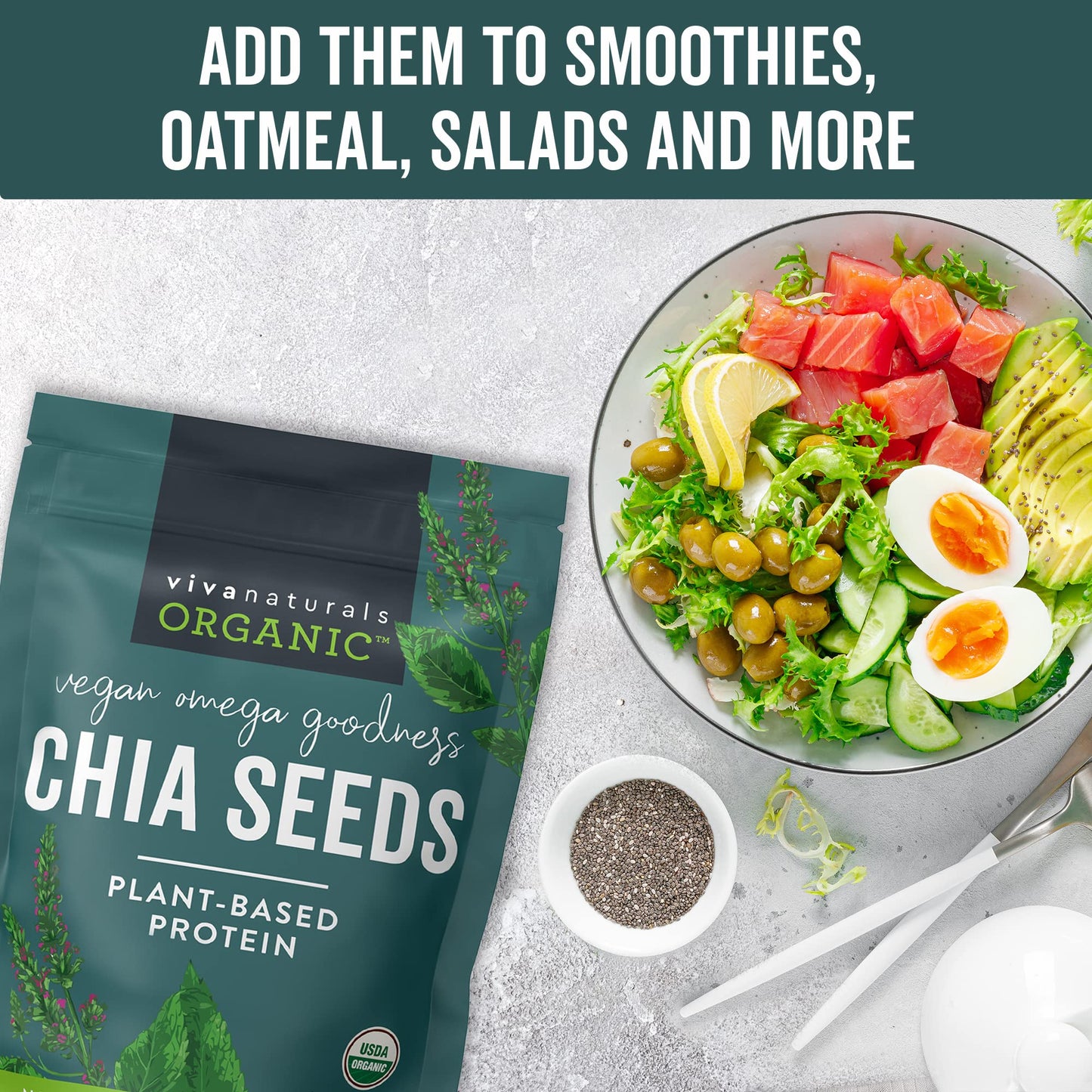 Viva Naturals Organic Chia Seeds, 2 lb, 32 Oz - Plant-Based Omega-3 and Vegan Protein, Gluten Free & Non-GMO, Perfect for Smoothies, Salads & Chia