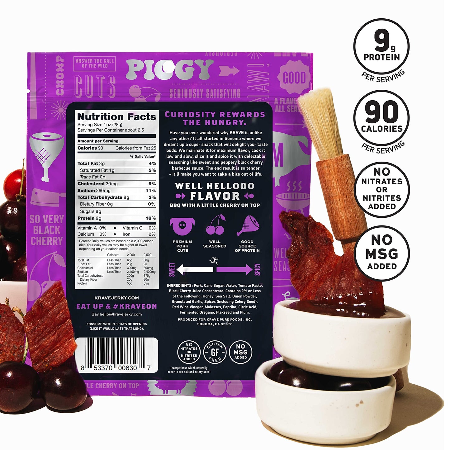 KRAVE All Natural Pork Jerky, Black Cherry BBQ - Protein Packed Snacks Roasted for Maximum Flavor - Premium Tender Meat Cuts - Gluten Free - 2.7 Ounce