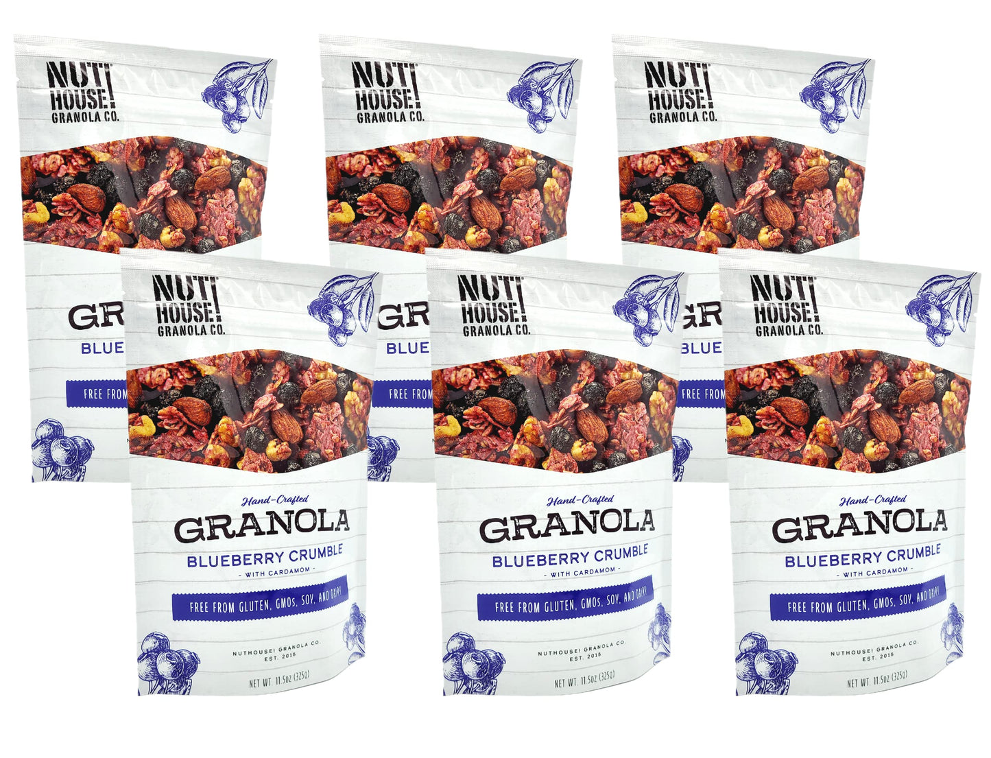 NutHouse! Granola Company - Premium Blueberry Crumble Granola | Certified Gluten-Free, Non-GMO, Kosher | Vegan, Soy-Free | 11.5 oz. Bag (6-Pack)