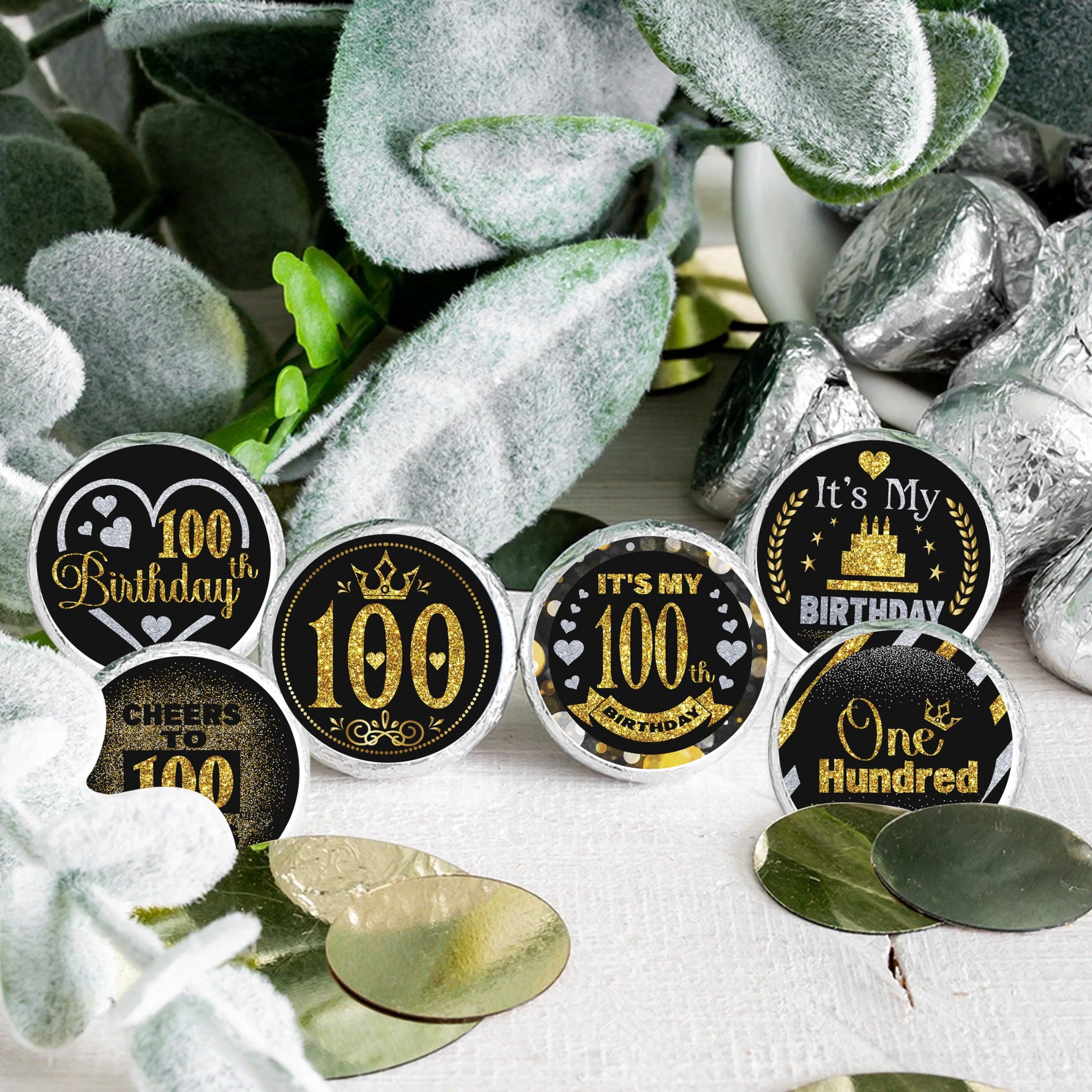100 Years Old Round Candy Sticker - 100th Birthday Party Decor-Black Gold - Round Candy Sticker Party Favors - Labels Fit Chocolate Candy.5 Sheet