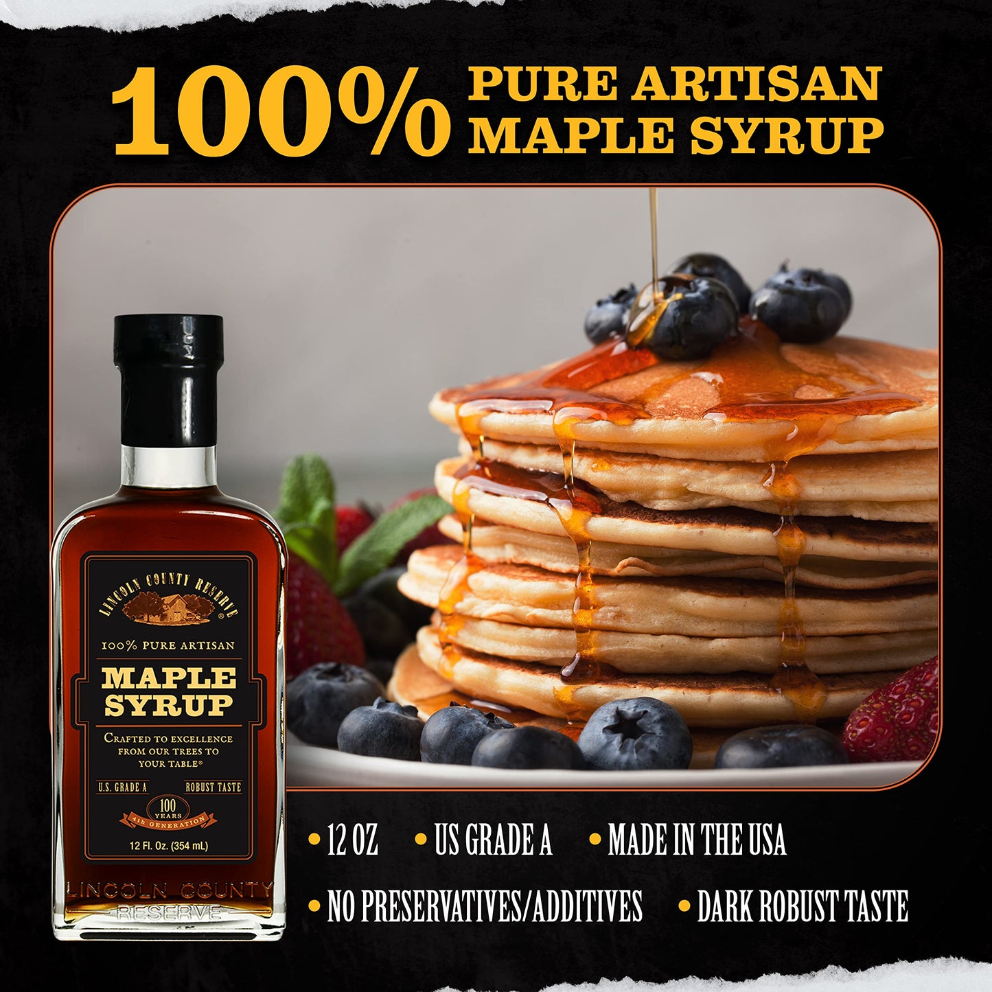 Lincoln County Reserve 100% Pure Maple Syrup with Robust Taste, 100% Pure Artisan Maple Syrup, Made in the USA,12 oz Glass Bottle 3 Pack