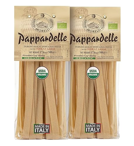 Morelli Organic Pappardelle Pasta Noodles Imported from Italy, Made with Italian Durum Wheat Semolina - 17.6 oz (500 g) - Pack of 2