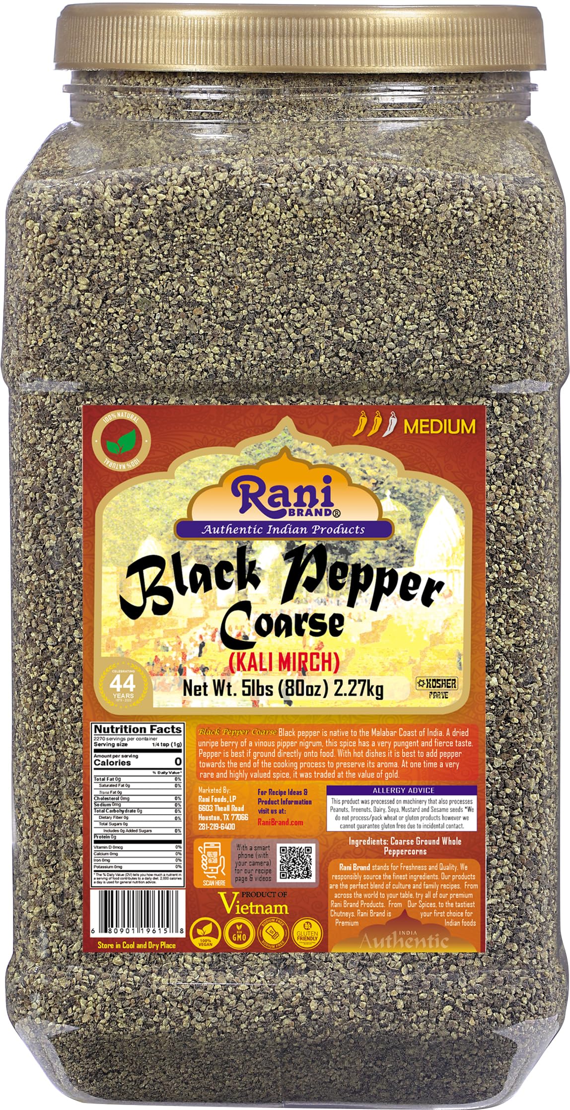 Rani Black Pepper Coarse Ground 28 Mesh (Table Grind) 80oz (5lbs) 2.27kg Bulk PET Jar ~ All Natural | Vegan | Gluten Friendly | NON-GMO | Kosher |