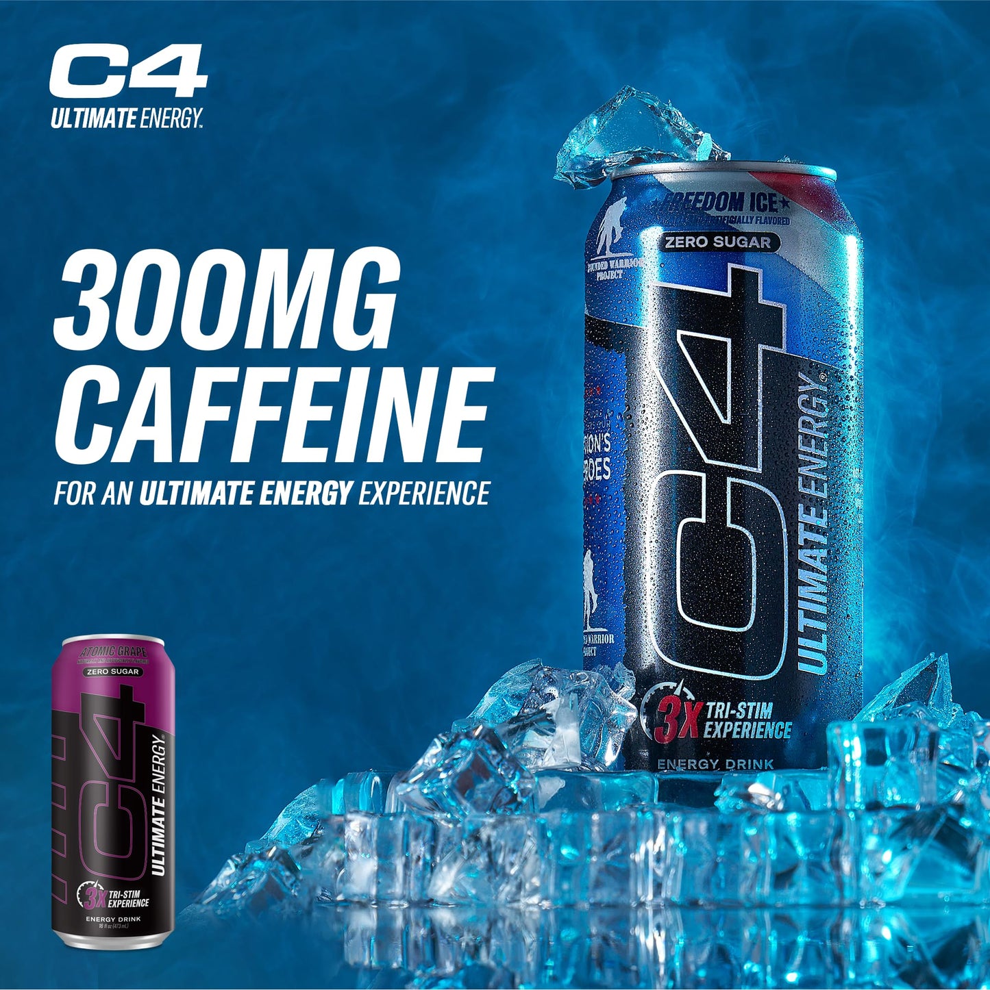 C4 Ultimate Zero Sugar Energy Drink, Tri-Stim Experience with 300mg Caffeine + TeaCrine + Dynamine, Atomic Grape, 16oz (Pack of 12)