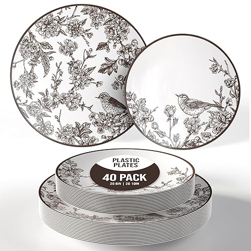 Trendables Disposable Dinnerware Sets Vintage Plates Plastic Disposable Plates Set For 20 Guests 20 x 8 Inch Dessert Plate & 20 x 10 Inch Wedding