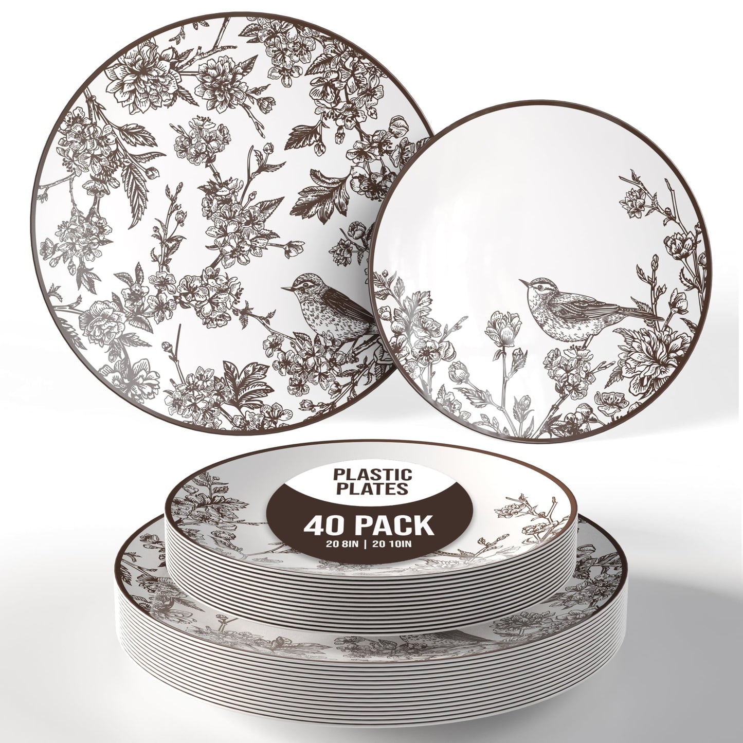 Trendables Disposable Dinnerware Sets Vintage Plates Plastic Disposable Plates Set For 20 Guests 20 x 8 Inch Dessert Plate & 20 x 10 Inch Wedding