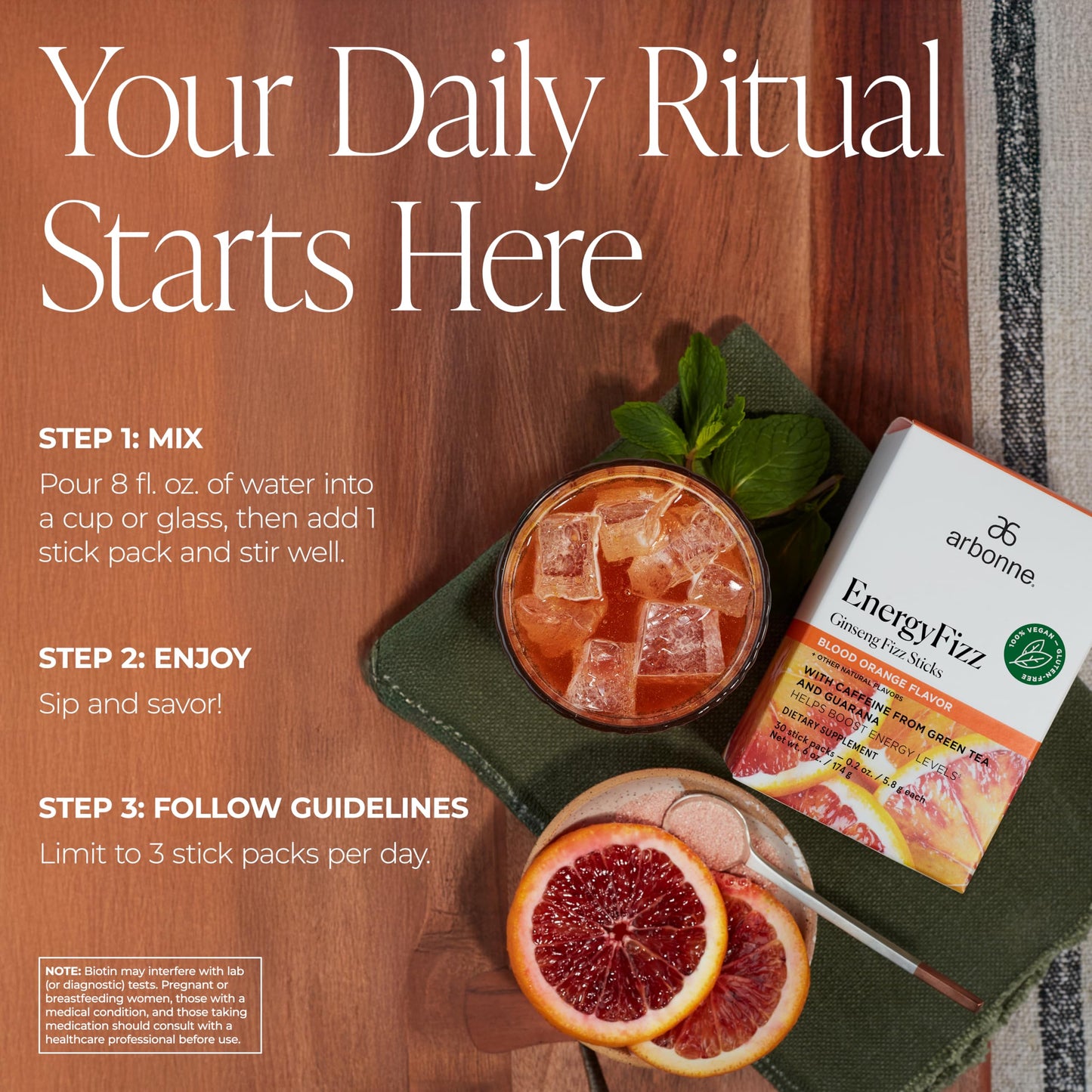 Arbonne Ginseng Energy Supplements - Blood Orange Flavor Fizz Sticks, Energy Boost with Caffeine Powder from Guarana and Green Tea, Delicious