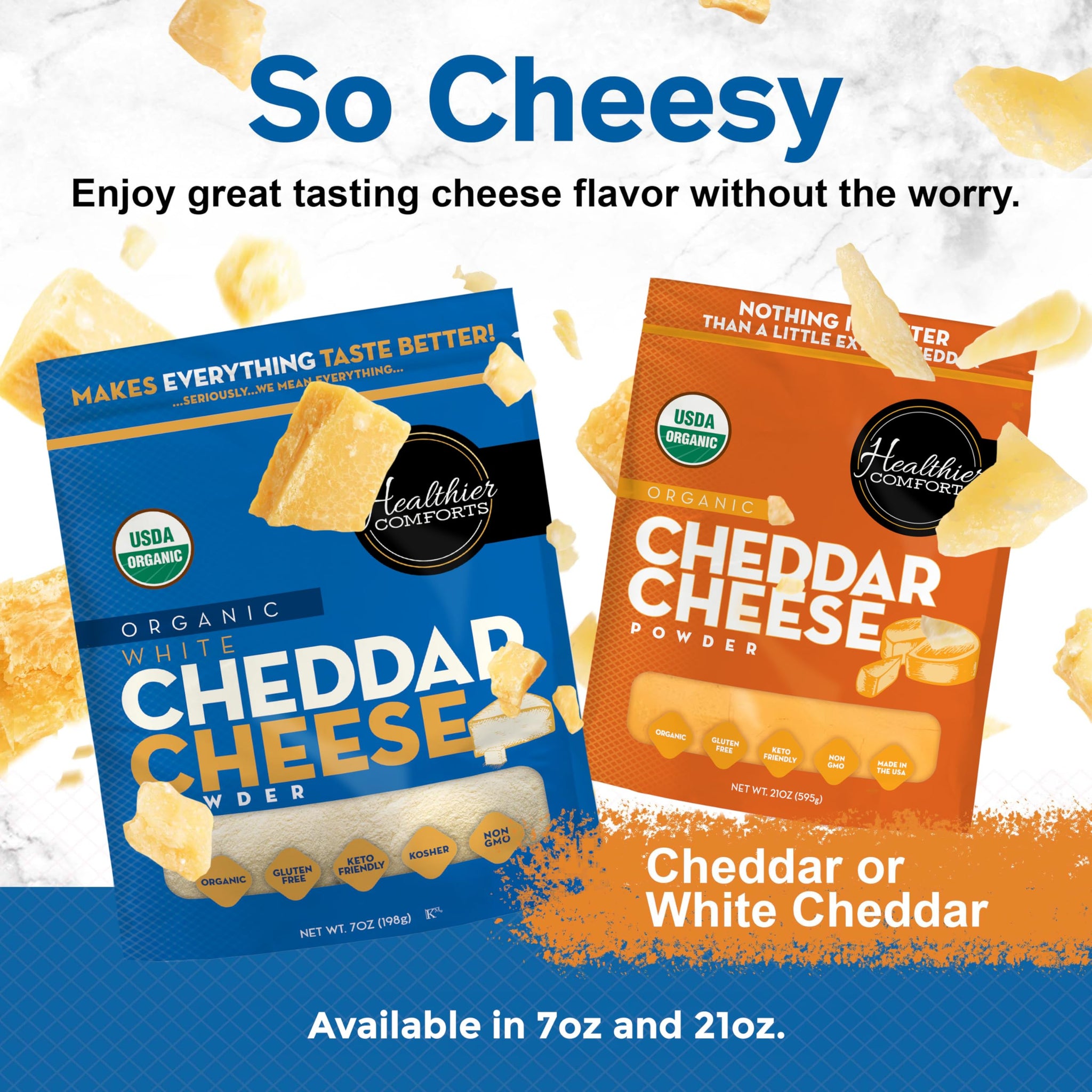 Healthier Comforts Organic White Cheddar Cheese Powder (0.44lb) | Gluten Free, Kosher, Keto-Friendly, Non-GMO, Antibiotic & Hormone Free | Perfect