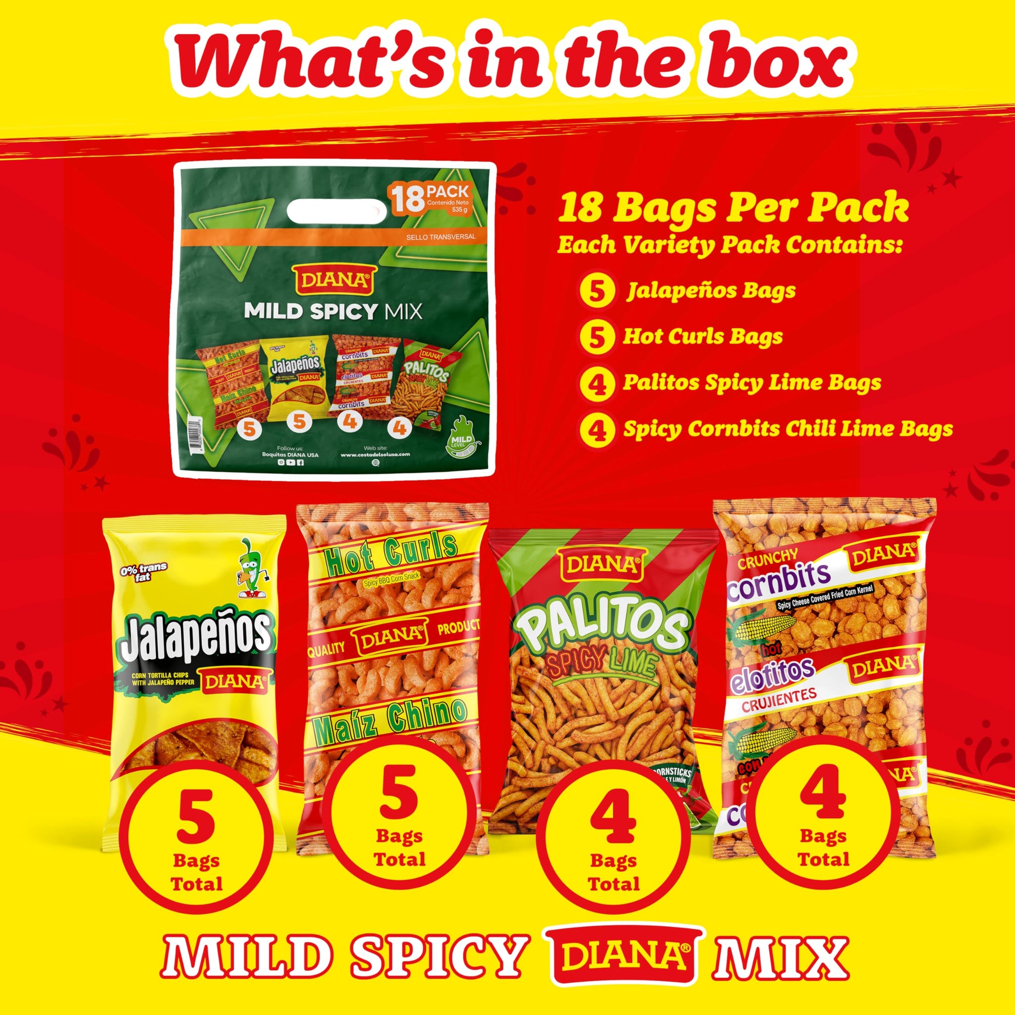 Diana Mild Spicy Snack Variety Pack, Hot Curls, Jalapeños, Spicy Cornbits and Chili Limon Palitos, 18 Bags, 18 Oz