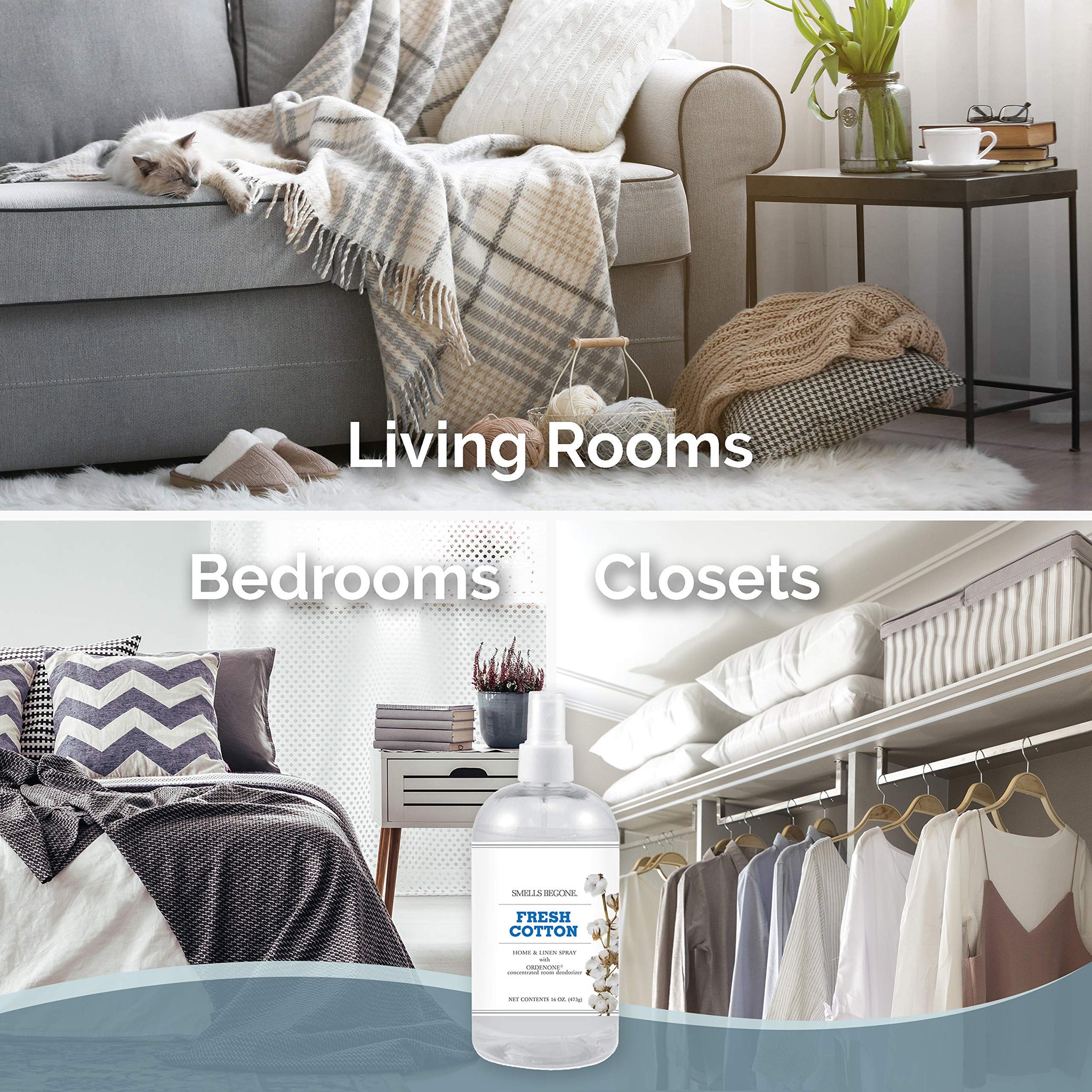 SMELLS BEGONE Air Freshener Home & Linen Spray - 16 oz, Pack of 2 - Odor Eliminator - Made with Essential Oils (Fresh Cotton)