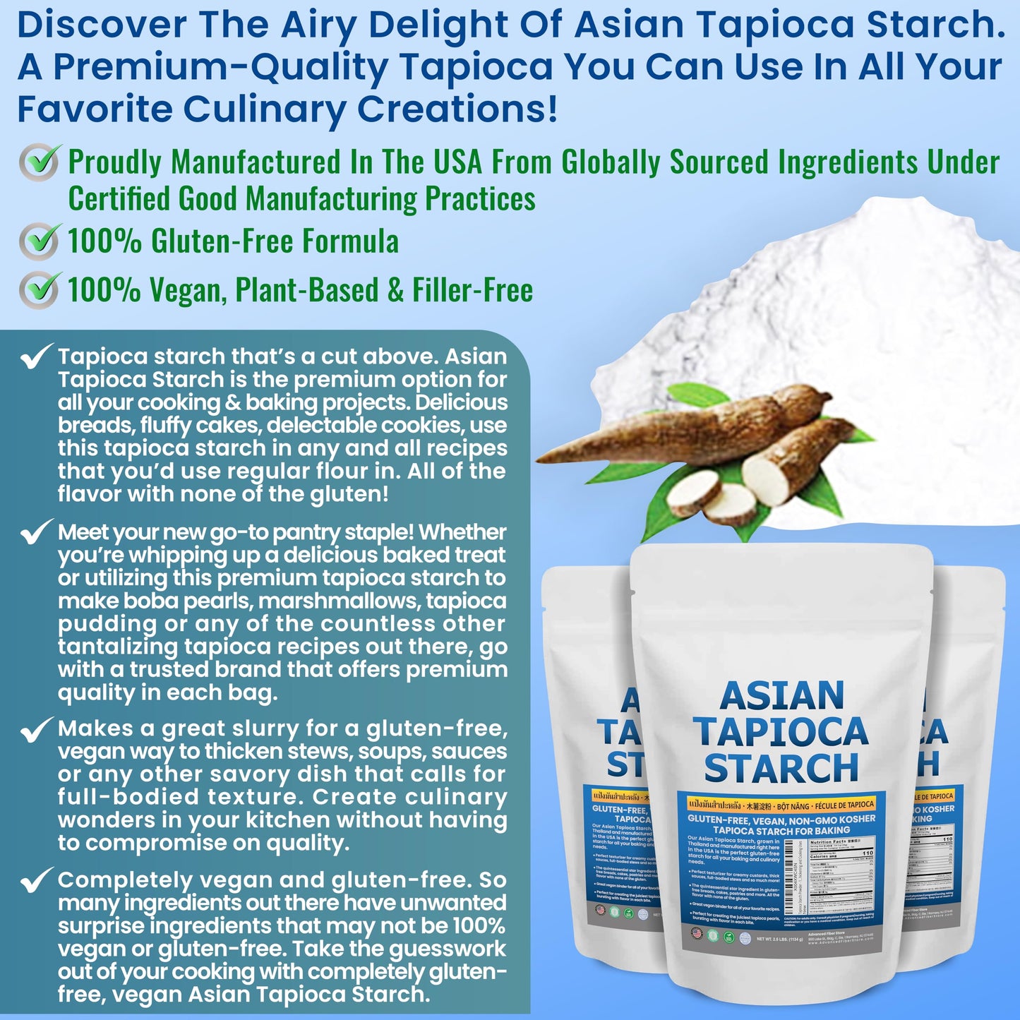 Tapioca Flour for Baking - Tapioca Starch Powder 2.5 lb Resealable Poly Bag - Non-GMO, Gluten Free, Vegan, Kosher, Plant Based, Cooking & Boba Pearls