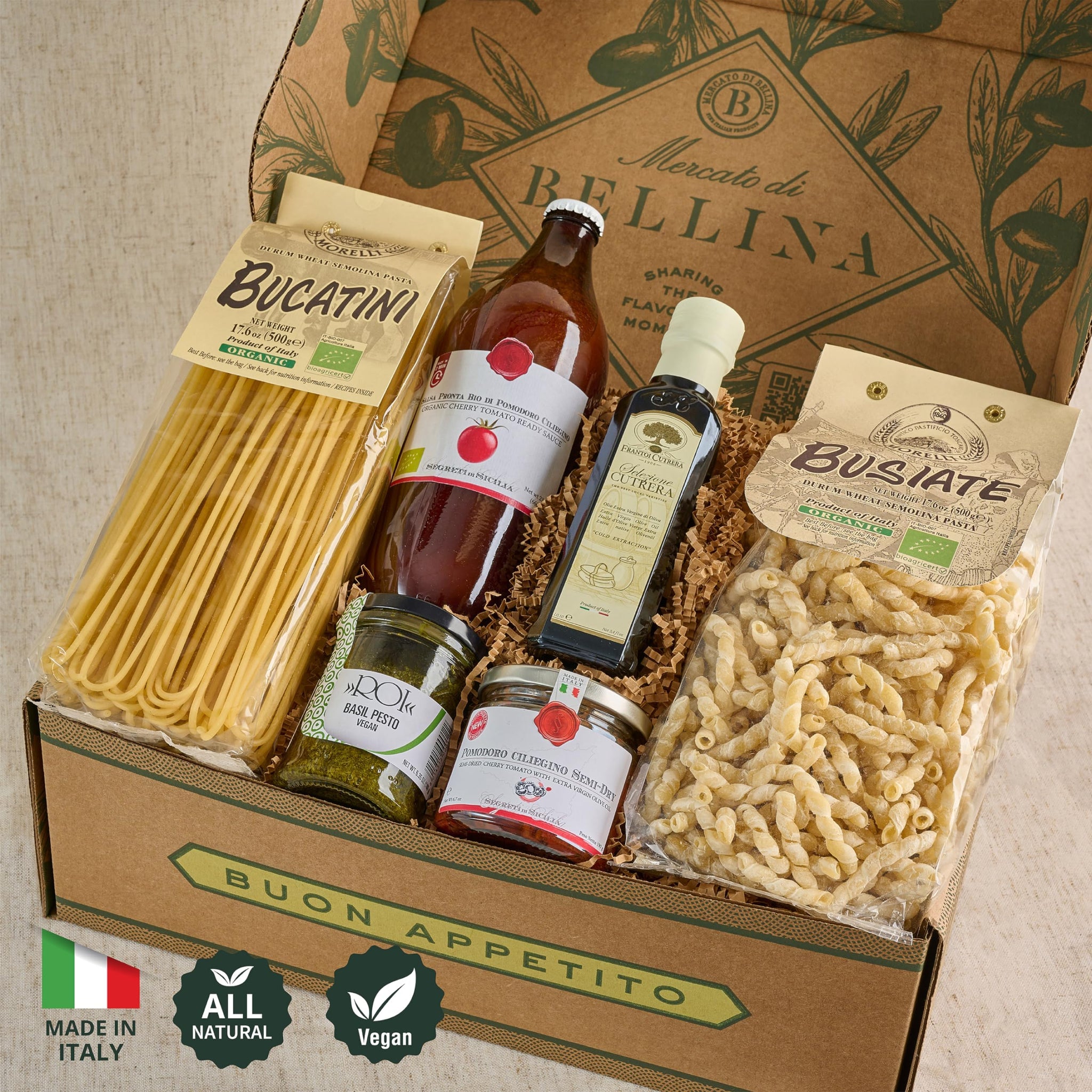 Mercato di Bellina Italian Food Gift Basket La Cucina Italiana - A Vegan-Friendly, All-Natural Pasta Gift Basket, Gourmet Present for Foodies