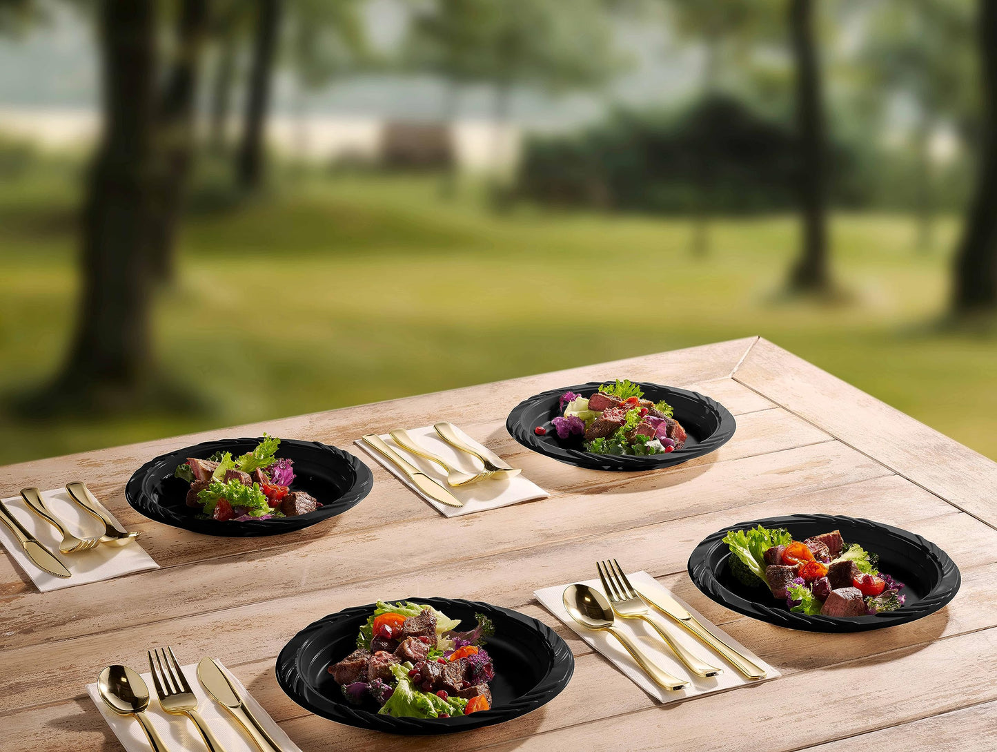 Munfix 200 Black Plastic Plates Set - 9 Inch Disposable Dinner Plates Bulk Pack for Party BBQ, Picnic, Parties, Travel and Events, Microwavable