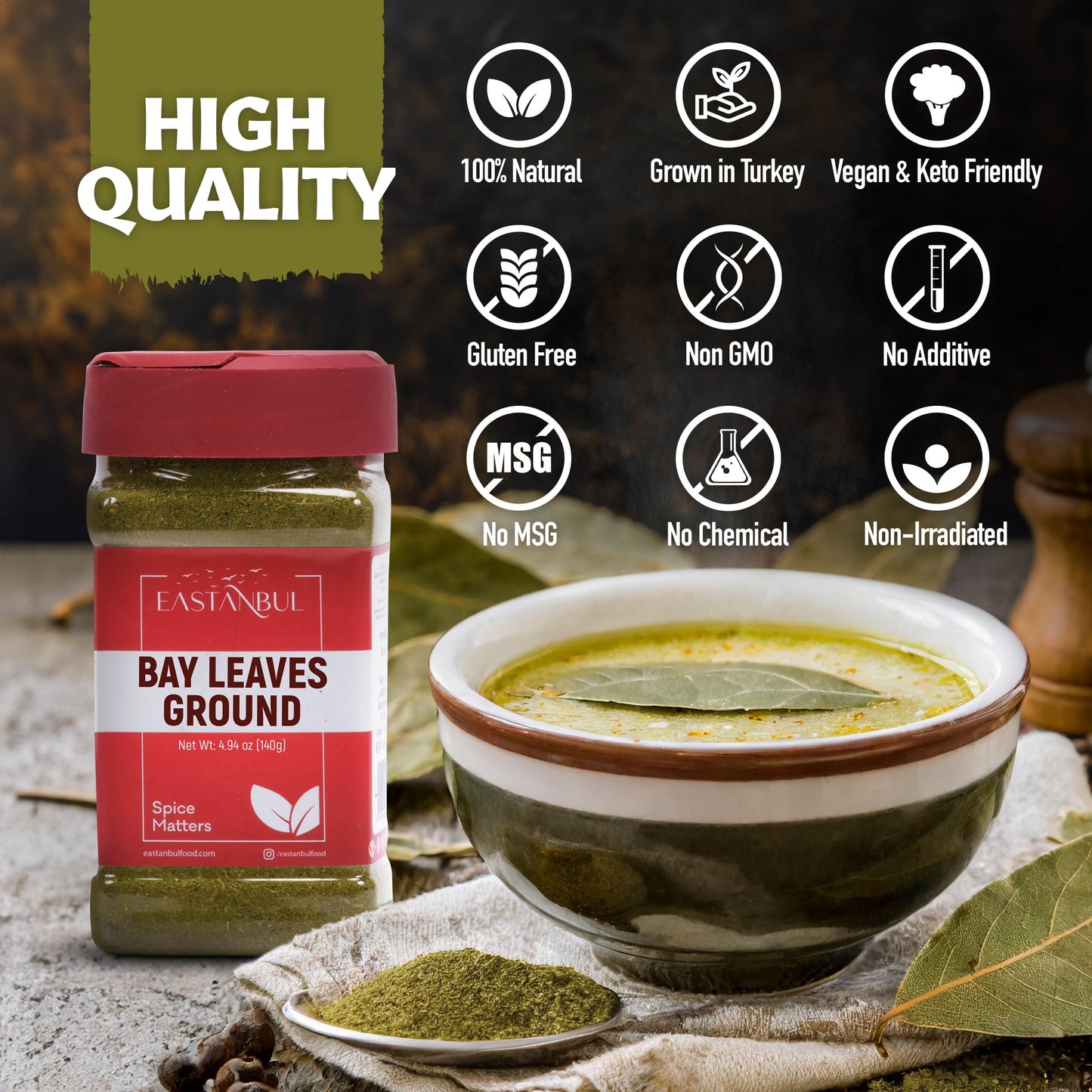 Eastanbul Ground Bay Leaves Powder, 4.94oz, Bay Leaf Powder, From Mediterranean, AKA Laurel Leaves, Hojas De Laurel Polvo Molido, Perfect For Soups