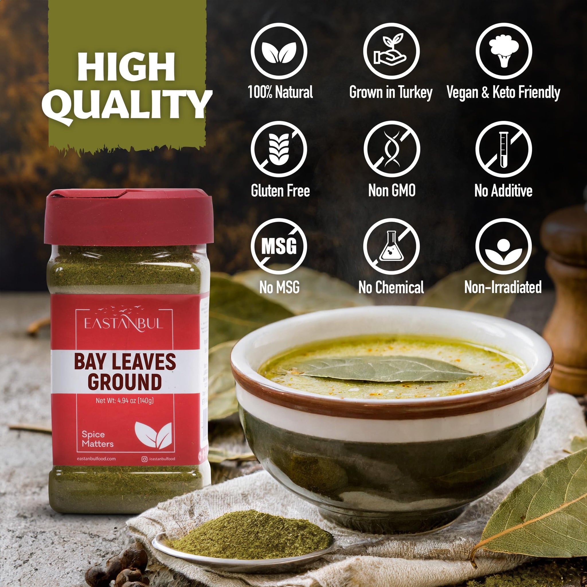 Eastanbul Ground Bay Leaves Powder, 4.94oz, Bay Leaf Powder, From Mediterranean, AKA Laurel Leaves, Hojas De Laurel Polvo Molido, Perfect For Soups