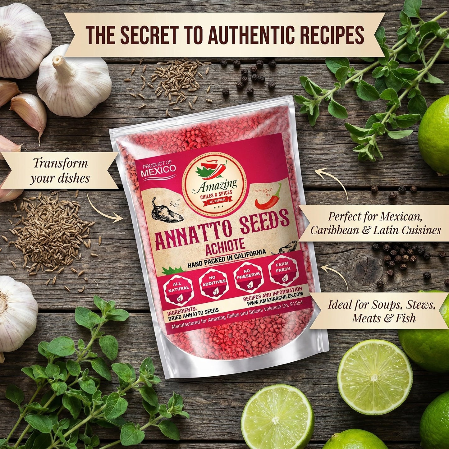 Achiote Seeds - Whole Annatto 4oz. Premium All Natural, Add Color and Mild Flavor in Soup, Stews, Meats and Mexican Recipes