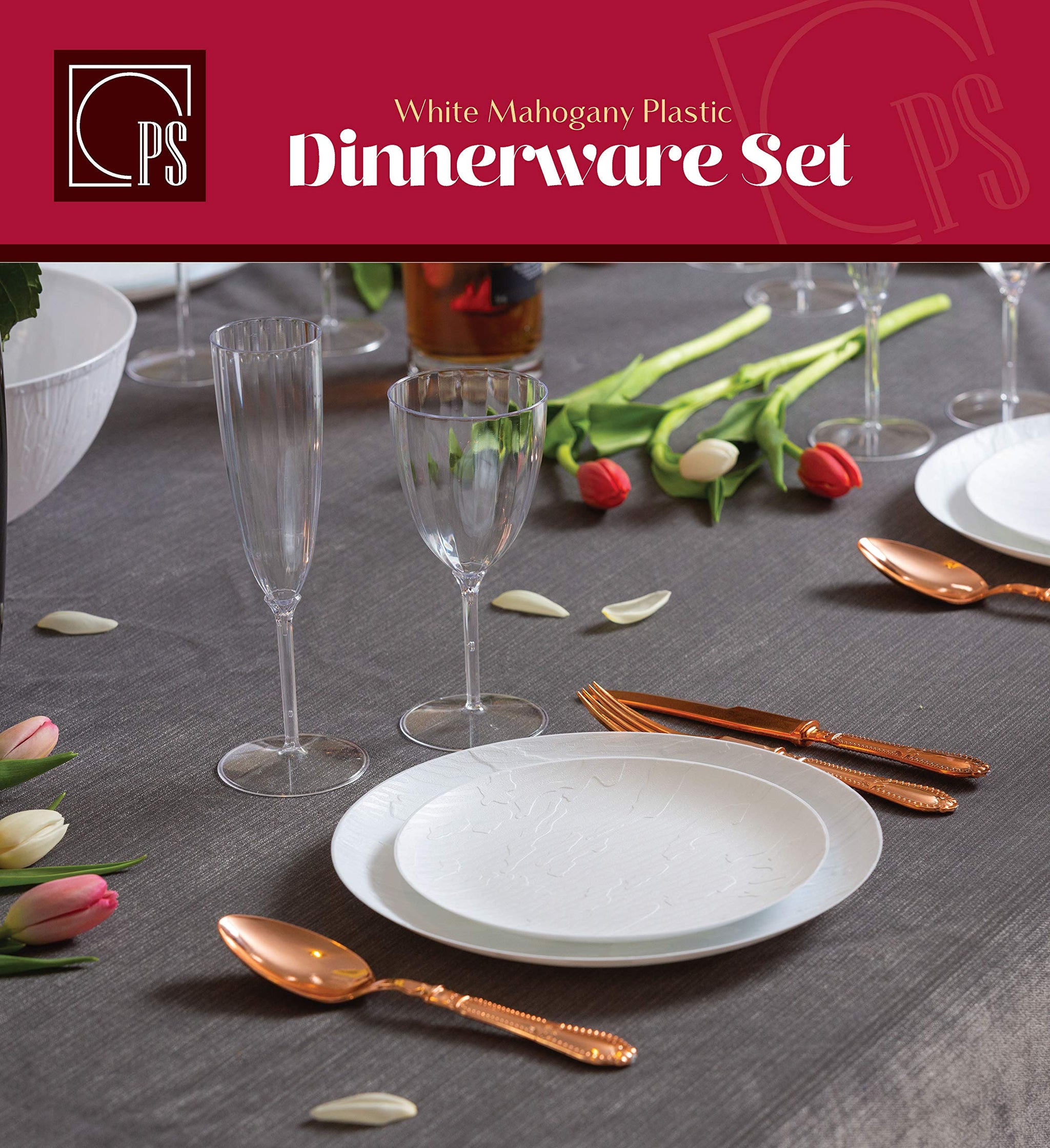 Posh Setting White Plastic Plates Disposable Plastic Wood Pattern Dinnerware (Includes 20 Dinner Plates and 20 Salad Plates) Elegant Disposable