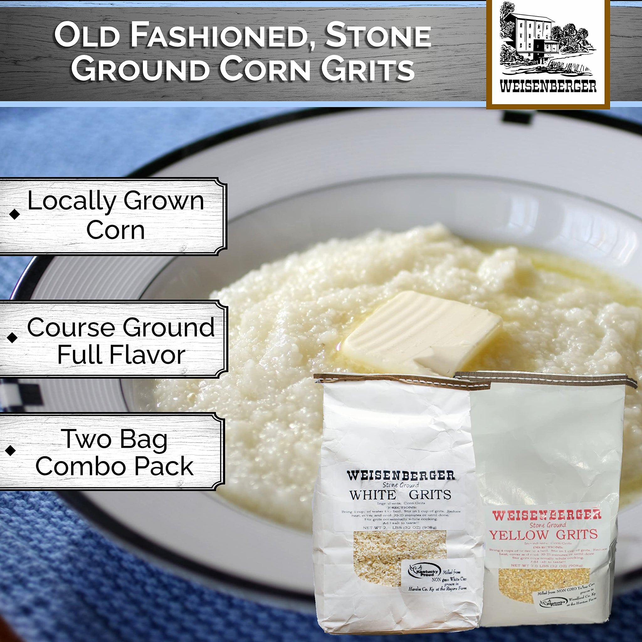 Weisenberger Stone Ground White & Yellow Grits, 2 lb -2 Pack