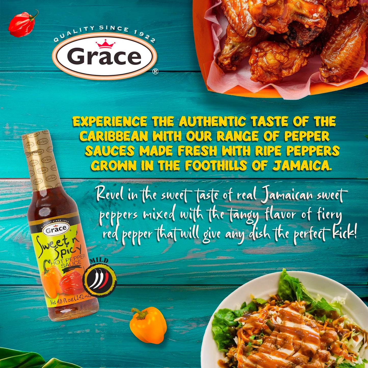 Grace Sweet N' Spicy Hot Pepper Sauce 4.8oz - 2 Pack - Balanced Combination of Peppers - Caribbean Sweet Chili Wing & Dipping Sauce