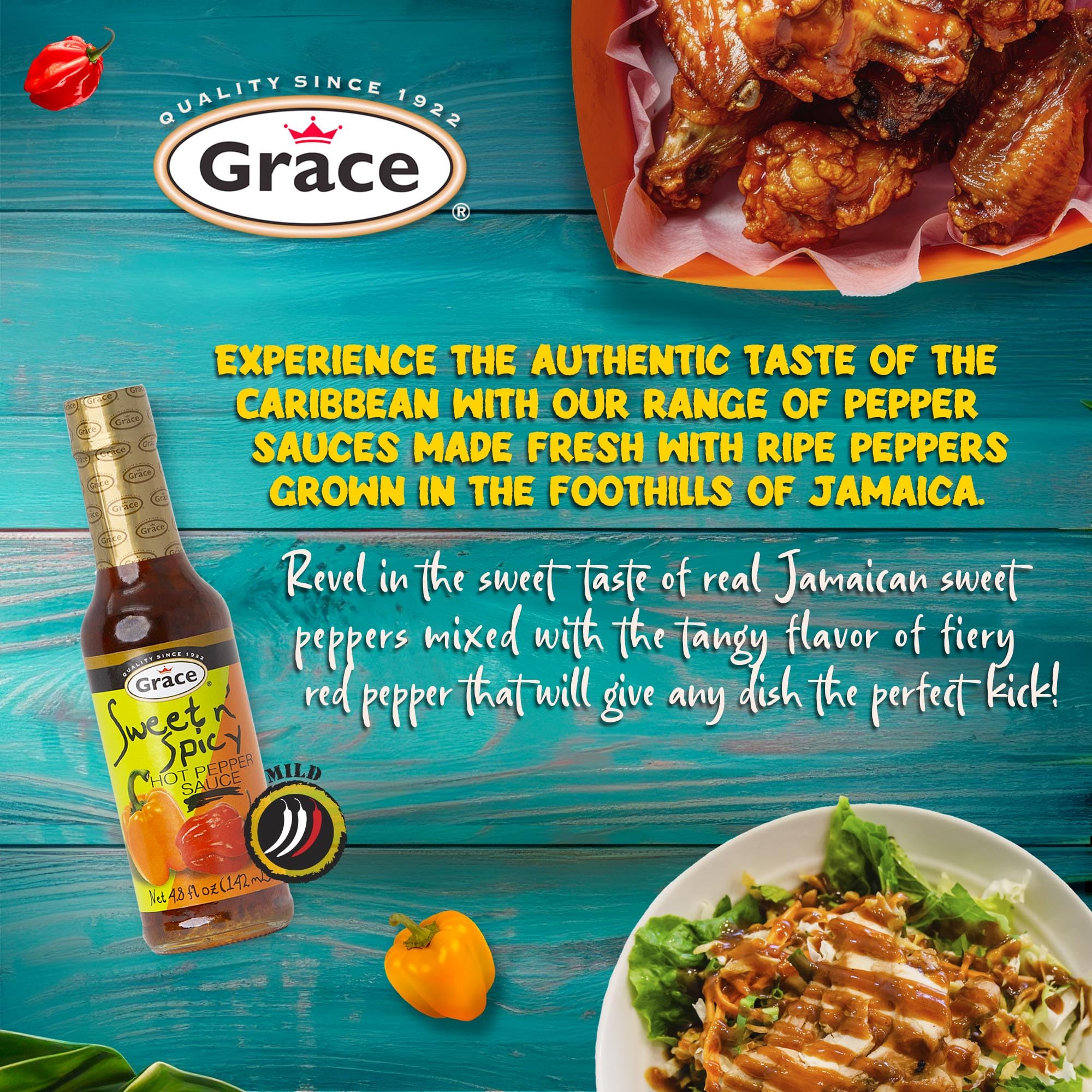 Grace Sweet N' Spicy Hot Pepper Sauce 4.8oz - 2 Pack - Balanced Combination of Peppers - Caribbean Sweet Chili Wing & Dipping Sauce