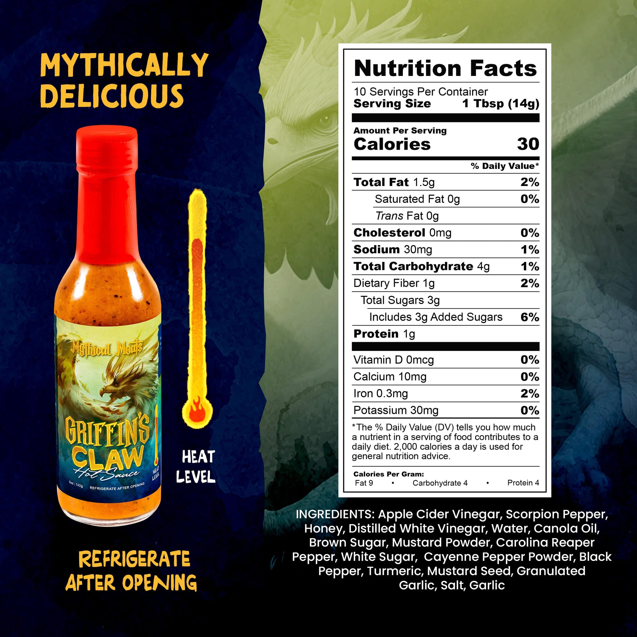 Mythical Meats Griffin's Claw Hot Sauce - Scorpion Pepper & Honey Mustard, Gluten Free, Non- GMO, 8/10 Heat