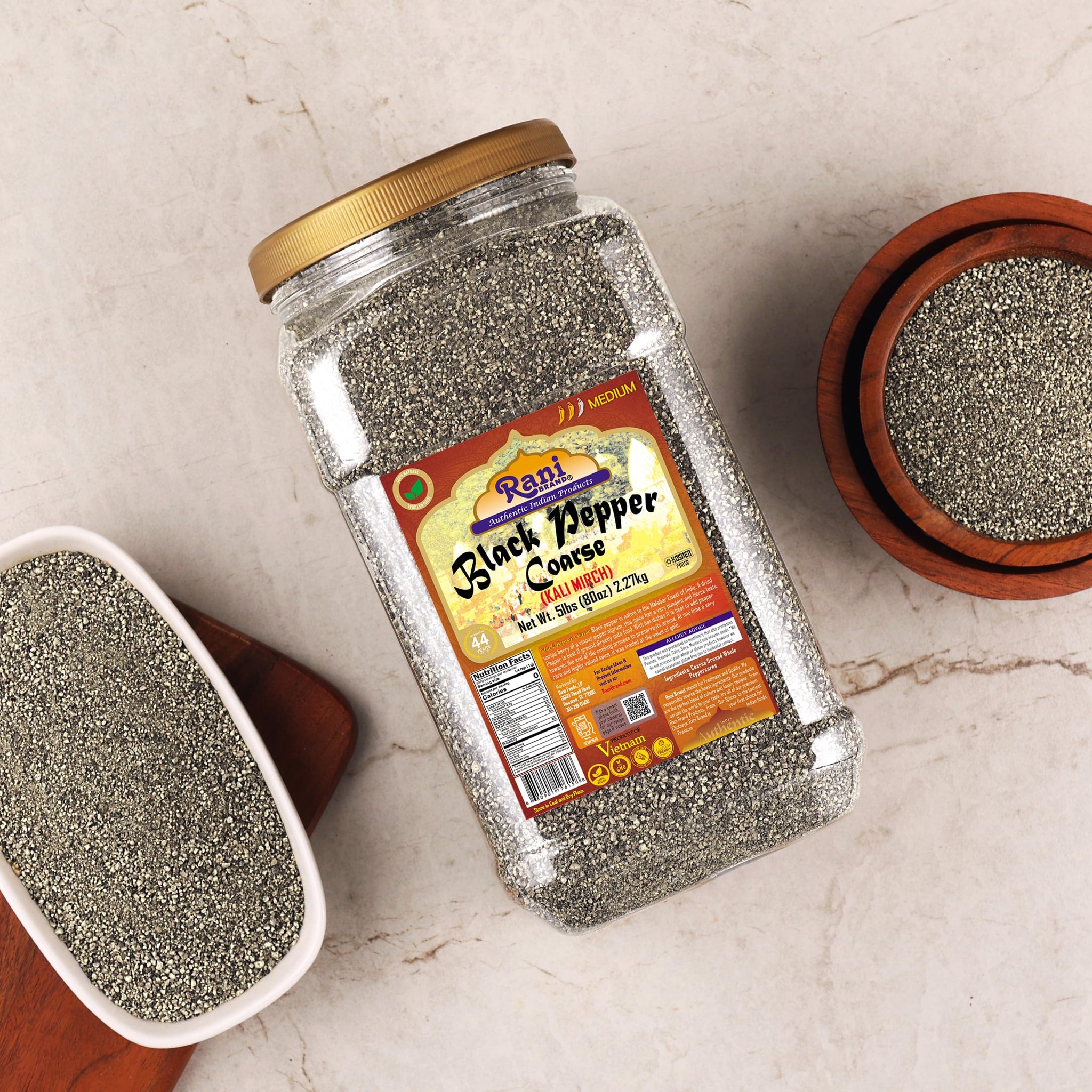 Rani Black Pepper Coarse Ground 28 Mesh (Table Grind) 80oz (5lbs) 2.27kg Bulk PET Jar ~ All Natural | Vegan | Gluten Friendly | NON-GMO | Kosher |