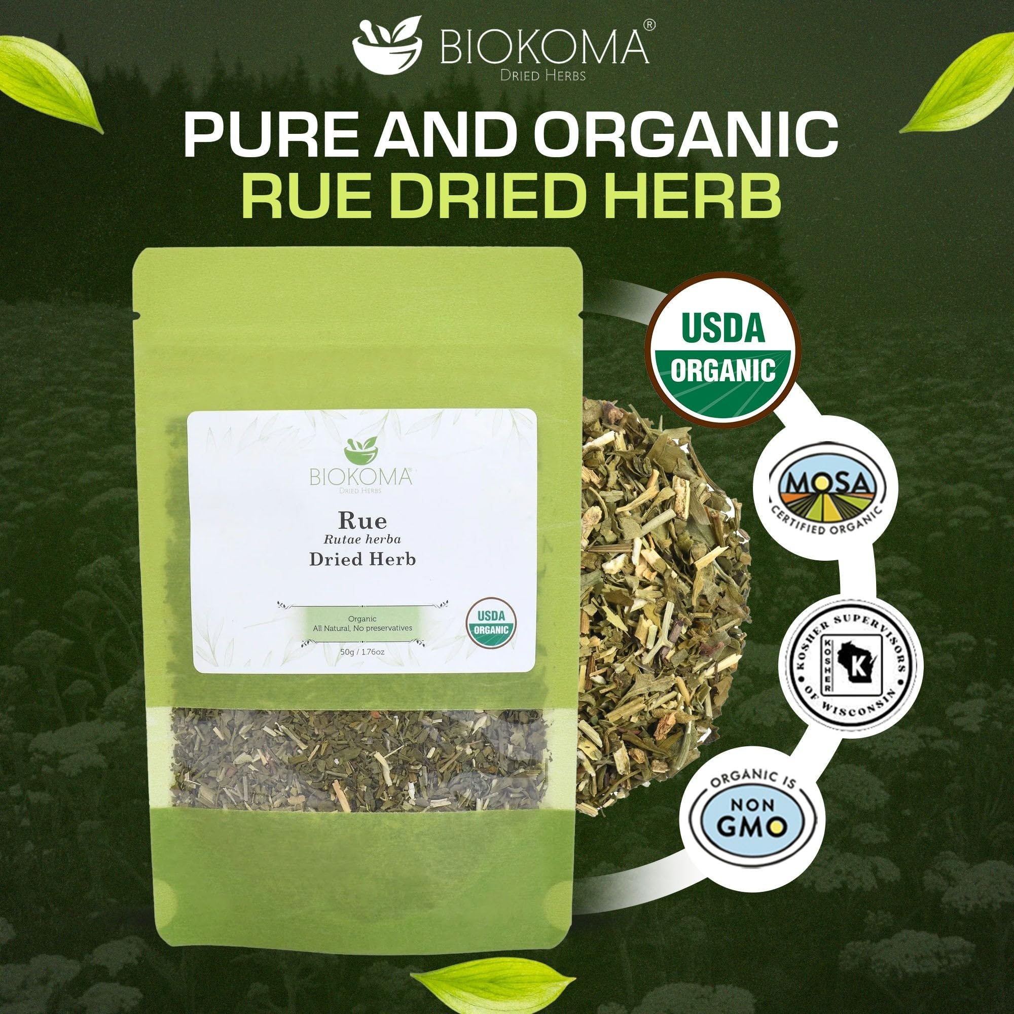Biokoma Organic Rue Dried Herb 50g Premium Loose Leaf Ruta Graveolens USDA Organic Herbal Tea Aromatic Sachets Spiritual Use Resealable Moisture Proof