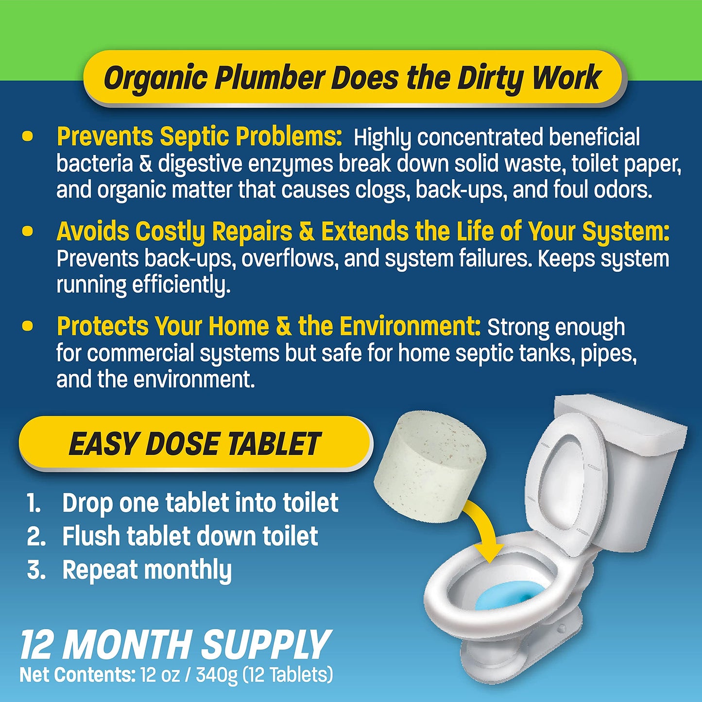 Organic Plumber Septic Tank Cleaner Treatment, Bacteria x Natural Enzyme Flushable Bio Tabs, Rid Sewage Waste & Clean Field System, 1 Year of Tablets
