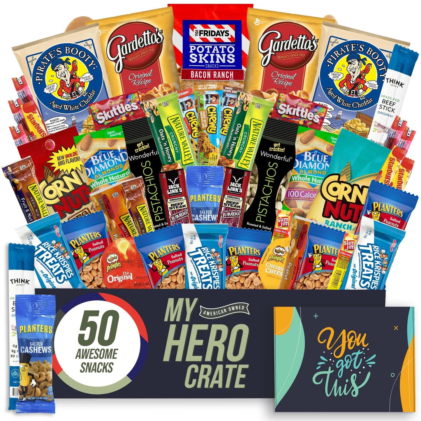 Military Encouragement - Men's Hearty Snack Box (50 Piece Variety Gift Basket Care Package) Jerky, Nuts, Chips, Pretzels & More - My Hero Crate