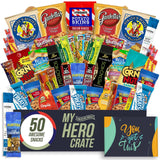 Military Encouragement - Men's Hearty Snack Box (50 Piece Variety Gift Basket Care Package) Jerky, Nuts, Chips, Pretzels & More - My Hero Crate