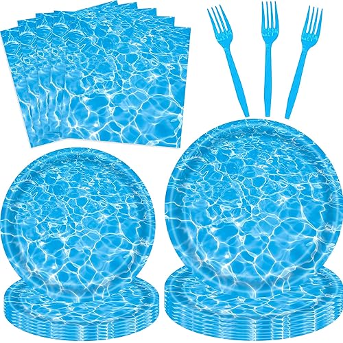 96 Pieces Ocean Wave Tableware Set Party Supplies - Water Pattern Themed Disposable Dinnerware with Paper Plates, Napkins, and Forks for Pool Parties