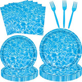 96 Pieces Ocean Wave Tableware Set Party Supplies - Water Pattern Themed Disposable Dinnerware with Paper Plates, Napkins, and Forks for Pool Parties