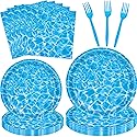 96 Pieces Ocean Wave Tableware Set Party Supplies - Water Pattern Themed Disposable Dinnerware with Paper Plates, Napkins, and Forks for Pool Parties