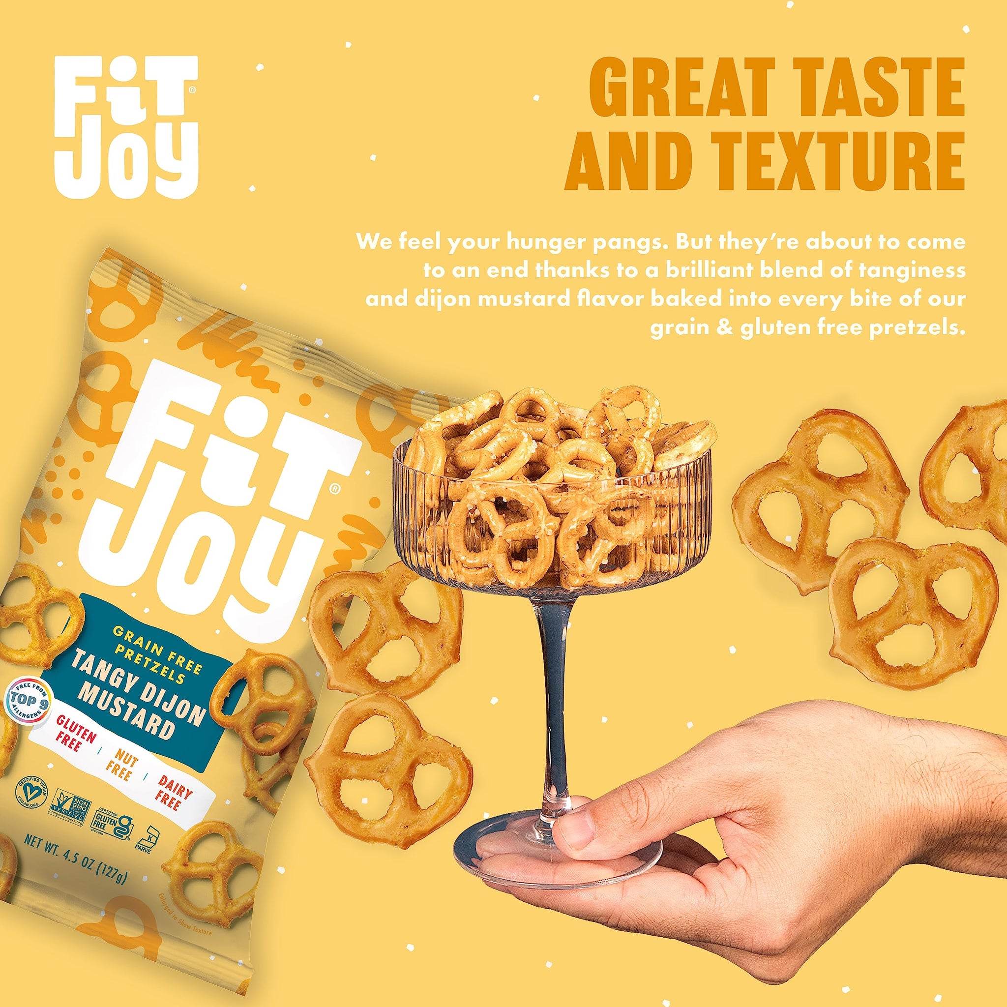 FitJoy Tangy Dijon Mustard Pretzels (Pack of 6, 4.5 Oz) - Dairy, Nut & Gluten Free Snacks - Grain Free Cassava Root & Chickpea Flour Vegan Pretzel