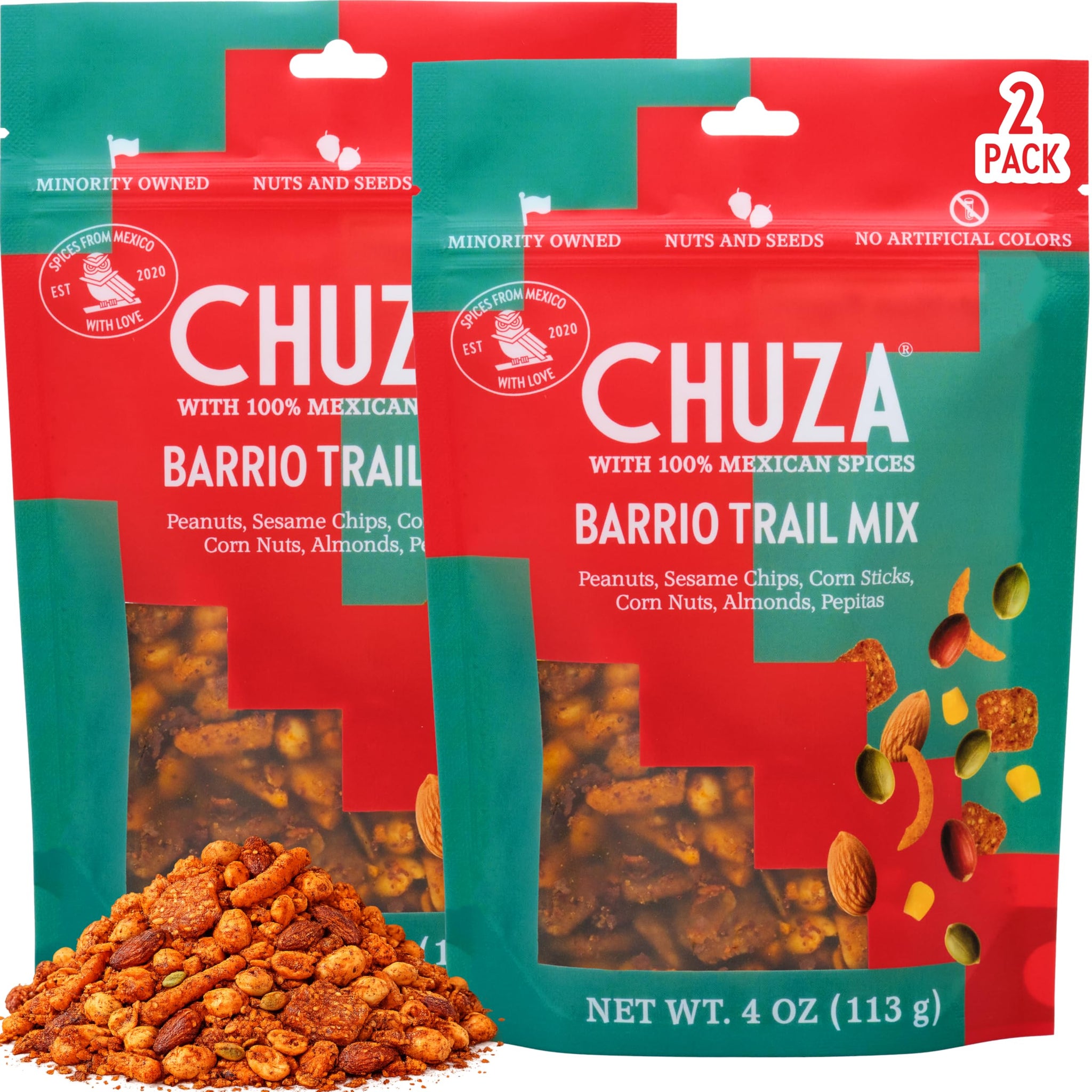 CHUZA Barrio Trail Mix - Spicy Crunchy Snack with 100% Mexican Spices - Peanuts, Corn Nuts, Almonds, Pepitas, Corn Sticks & Sesame Chips - High