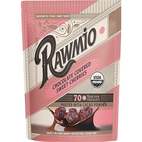 Rawmio Chocolate Covered Sweet Cherries - Organic, Raw, Vegan, 70% Dark Chocolate, 6 Packs, 2 oz.