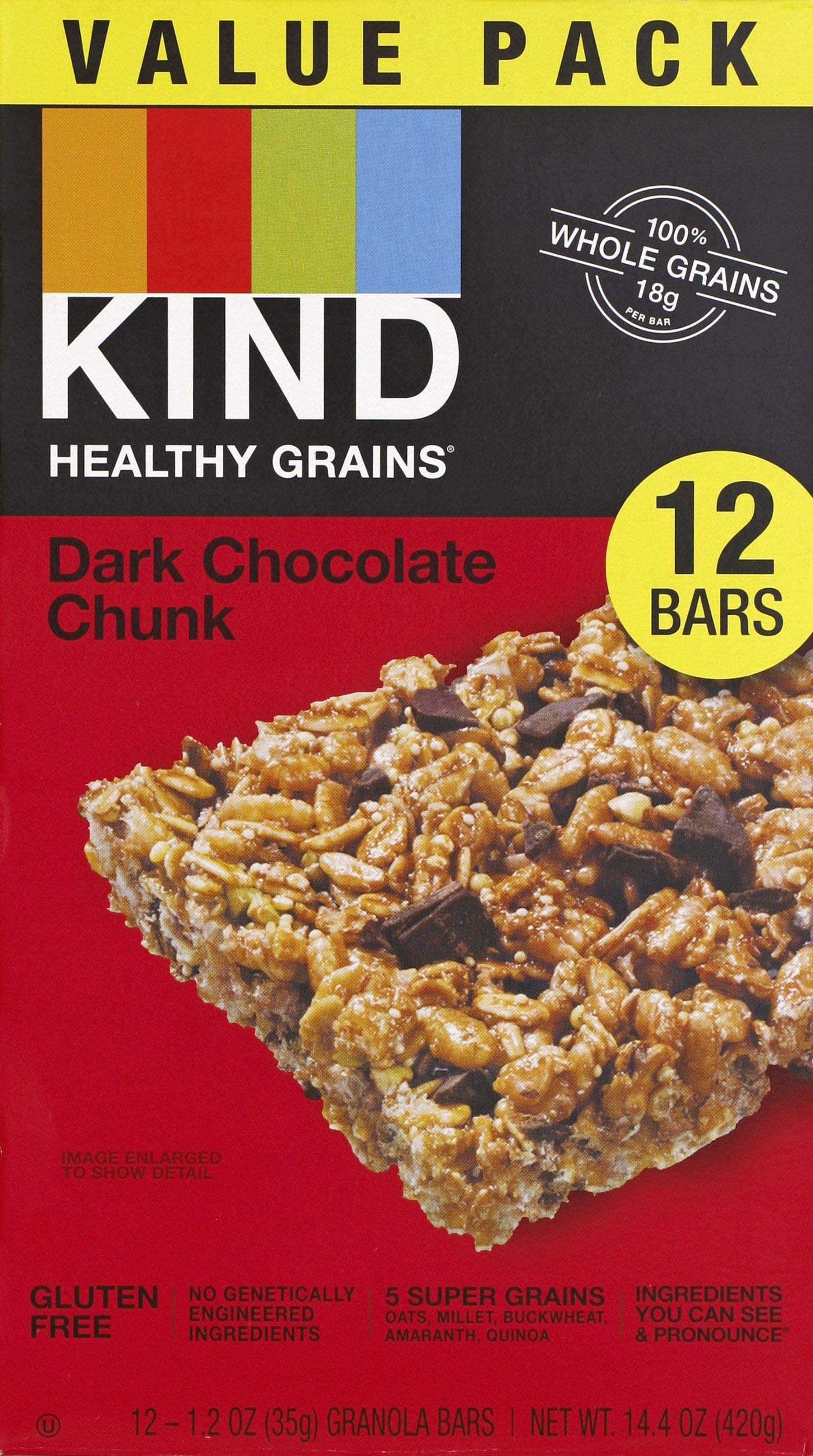 KIND HEALTHY GRAINS Dark Chocolate Chunk Nutritional Granola Snack Bar, 602652250011, 14.4 Ounce