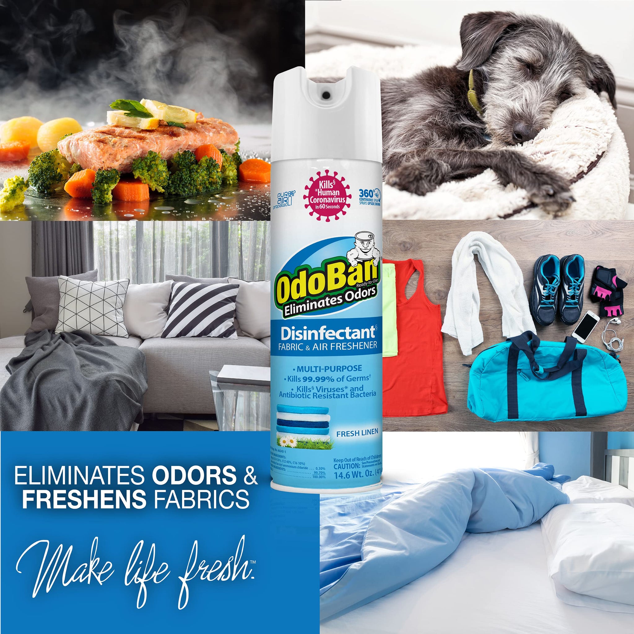 OdoBan Ready-to-Use 360-Degree Continuous Spray Disinfectant and Harsh Aroma Eliminator, Fabric and Air Freshener, 6 Pack, 14.6 Ounces Each, Fresh