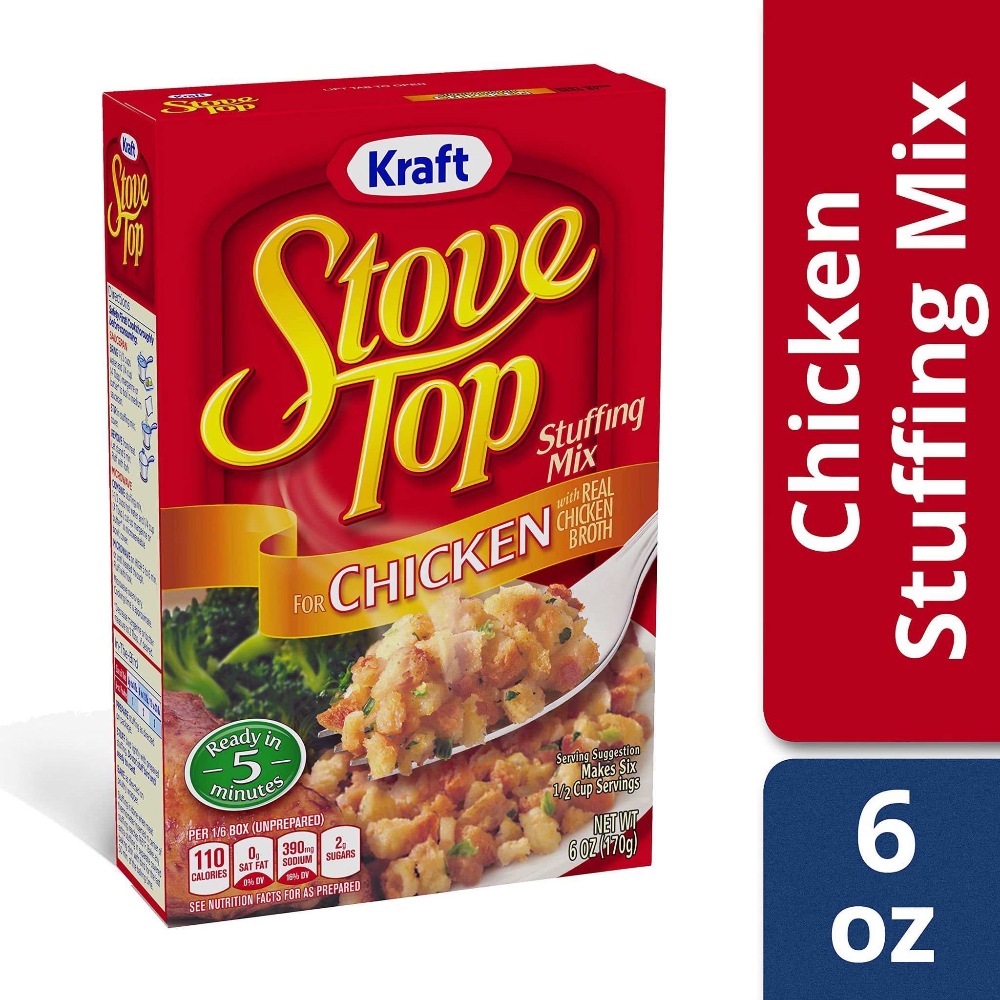 Stove Top Chicken Stuffing Mix, Instant Side Dish for Chicken and Holiday Meals, Savory Seasoned Bread Stuffing, Ready in 5 Minutes, 6 Ounce Boxes