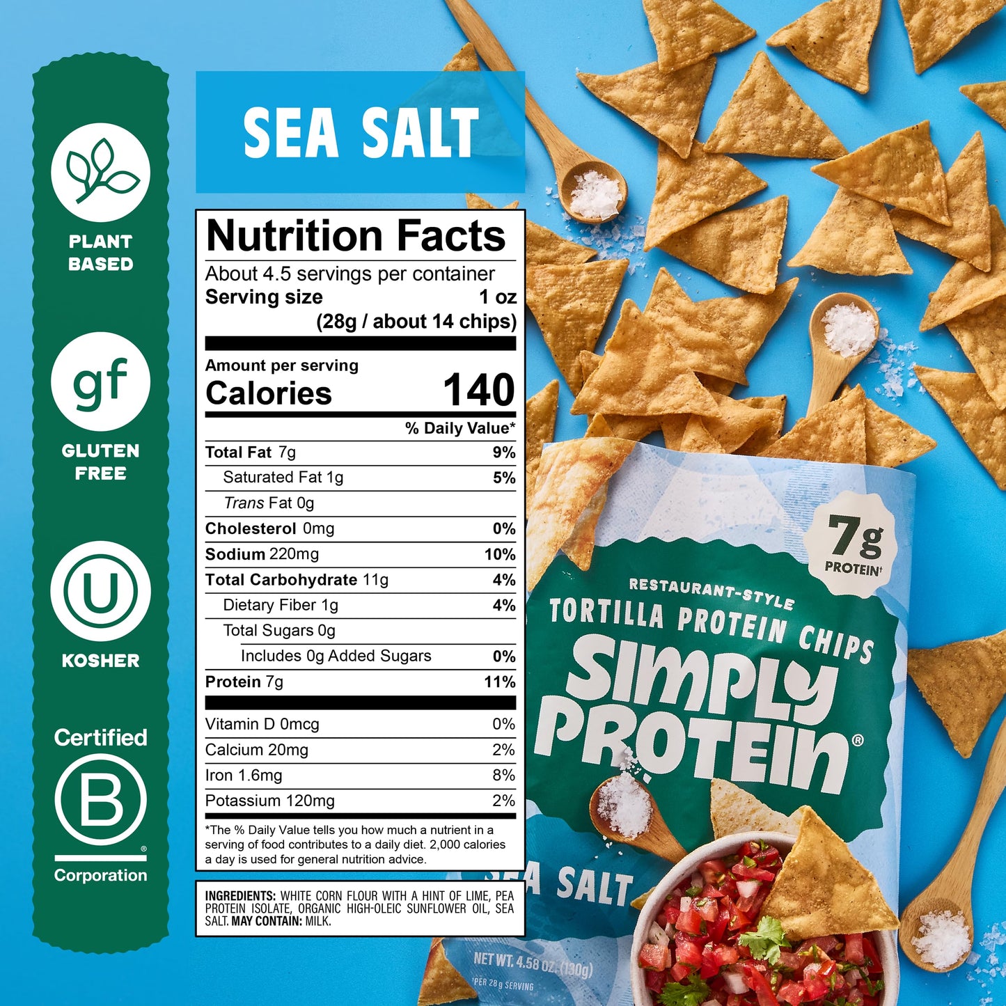 Simply Protein - Tortilla Chips, Restaurant Style Protein Chips, Sea Salt (3-Pack) - 7g Protein, 140 Calories, Gluten Free, Vegan - Plant Based