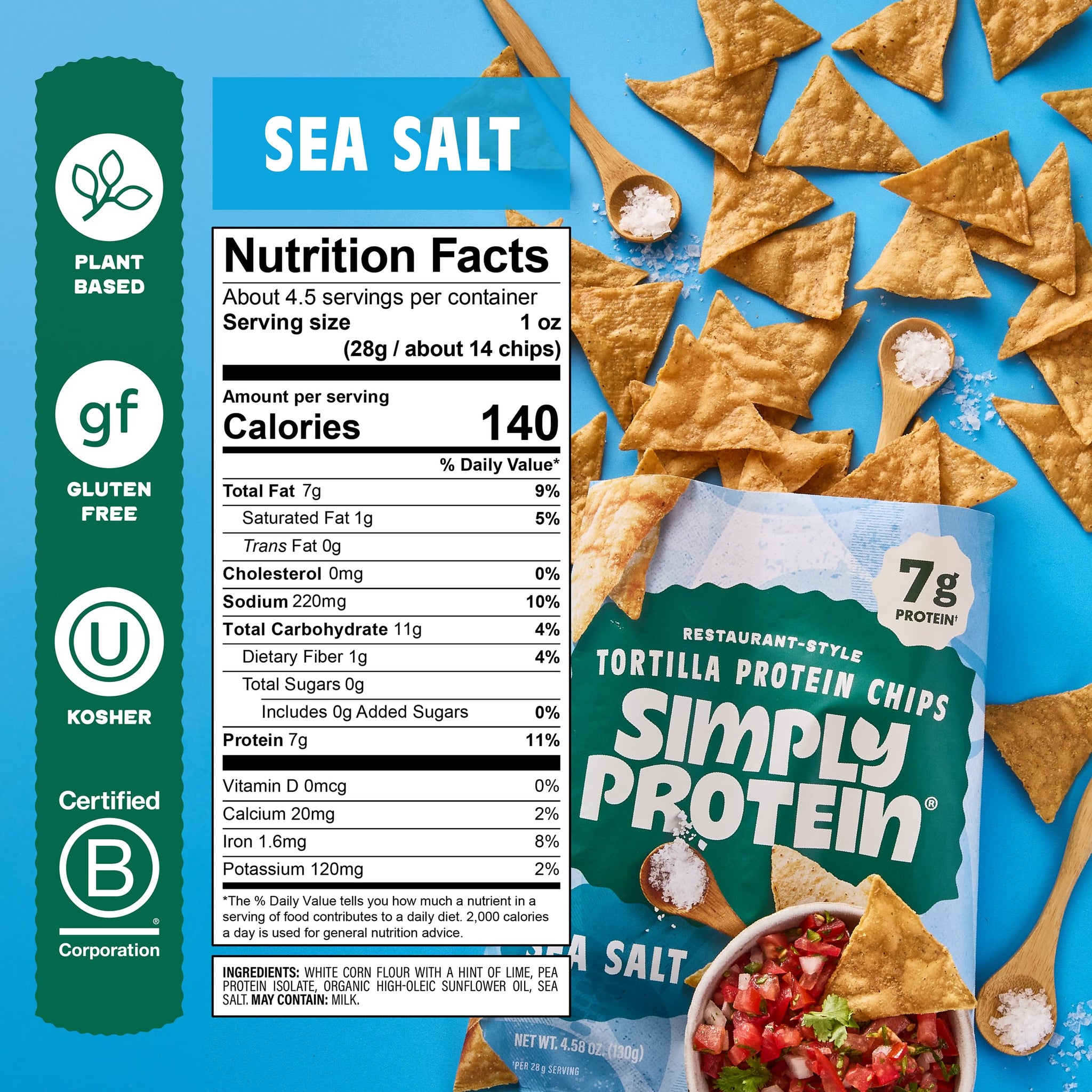 Simply Protein - Tortilla Chips, Restaurant Style Protein Chips, Sea Salt (3-Pack) - 7g Protein, 140 Calories, Gluten Free, Vegan - Plant Based