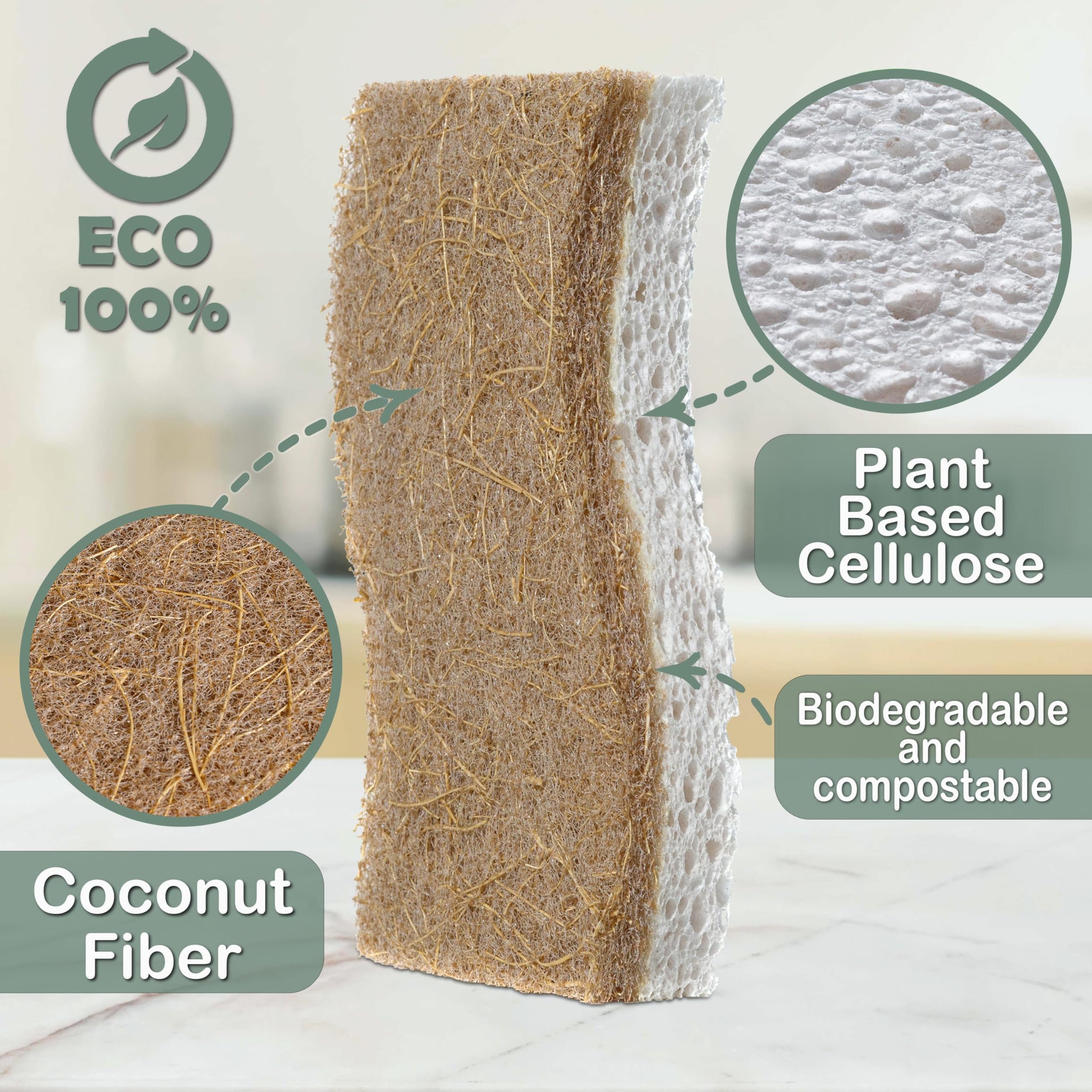 Natural Kitchen Sponge - Biodegradable Compostable Plant Based Coconut Scrubber Sponge - 14pcs
