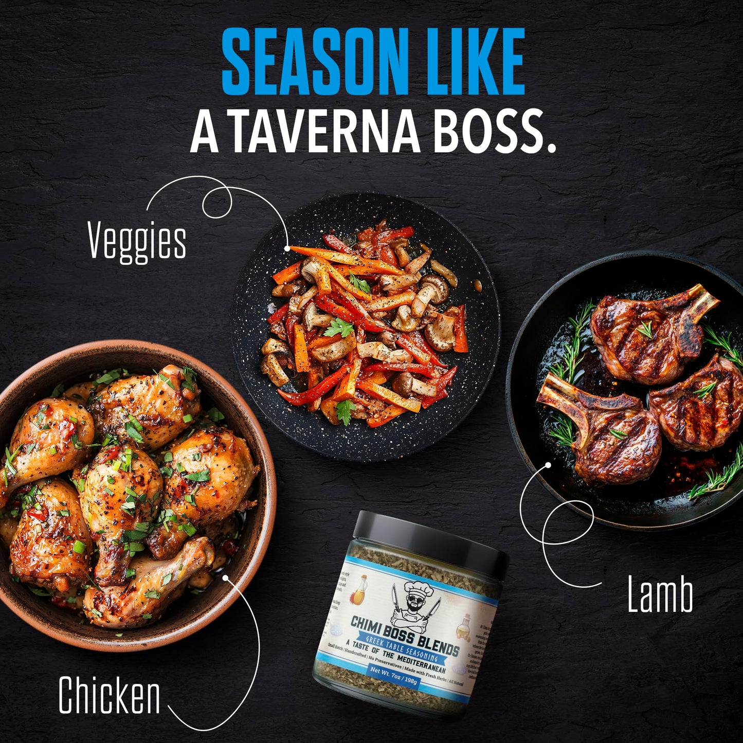 Chimi Boss Greek Table Seasoning, 7oz of Zest - All-Purpose Mediterranean Herb Blend for Chicken, Veggies, Lamb, Fish and More - All Natural Bold