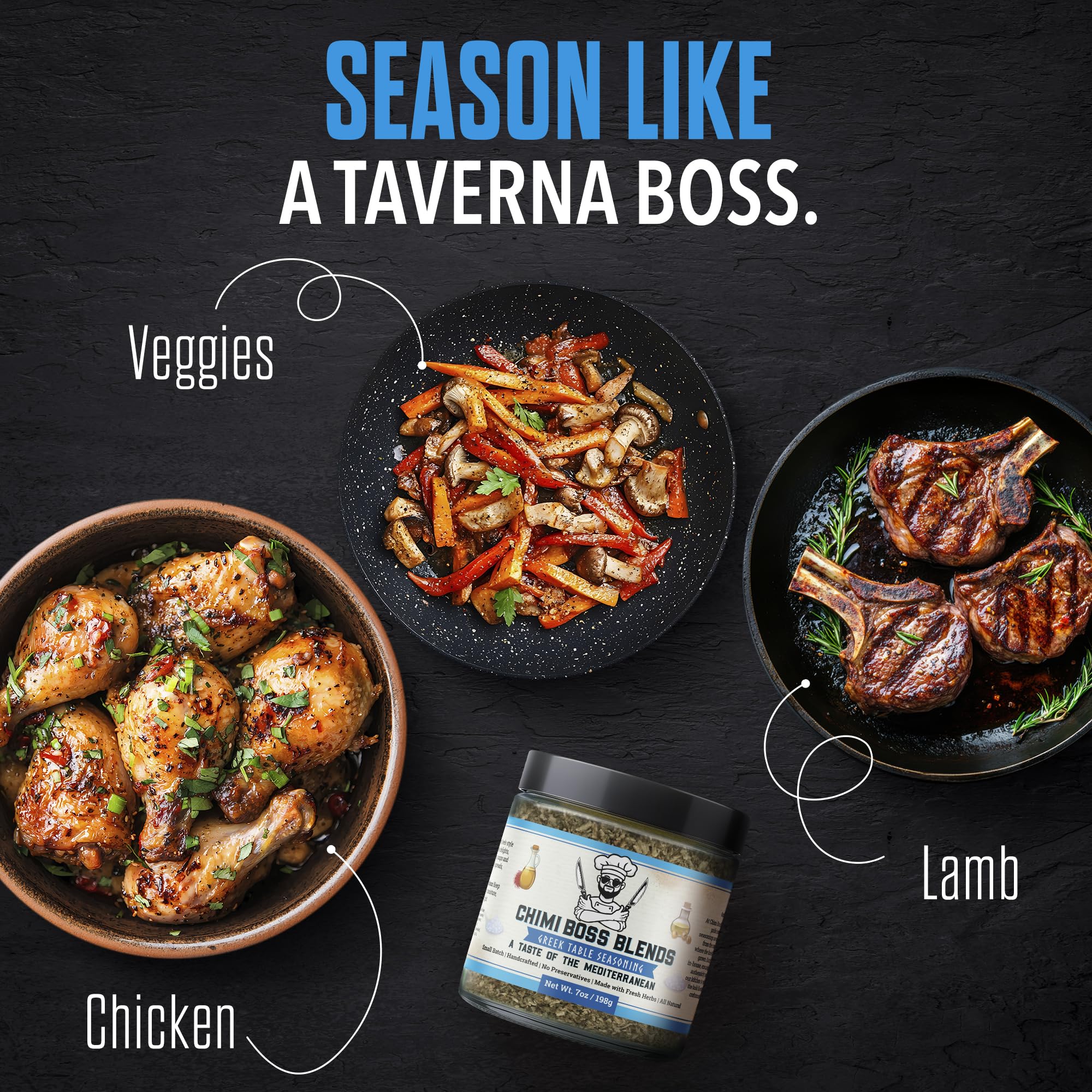 Chimi Boss Greek Table Seasoning, 7oz of Zest - All-Purpose Mediterranean Herb Blend for Chicken, Veggies, Lamb, Fish and More - All Natural Bold