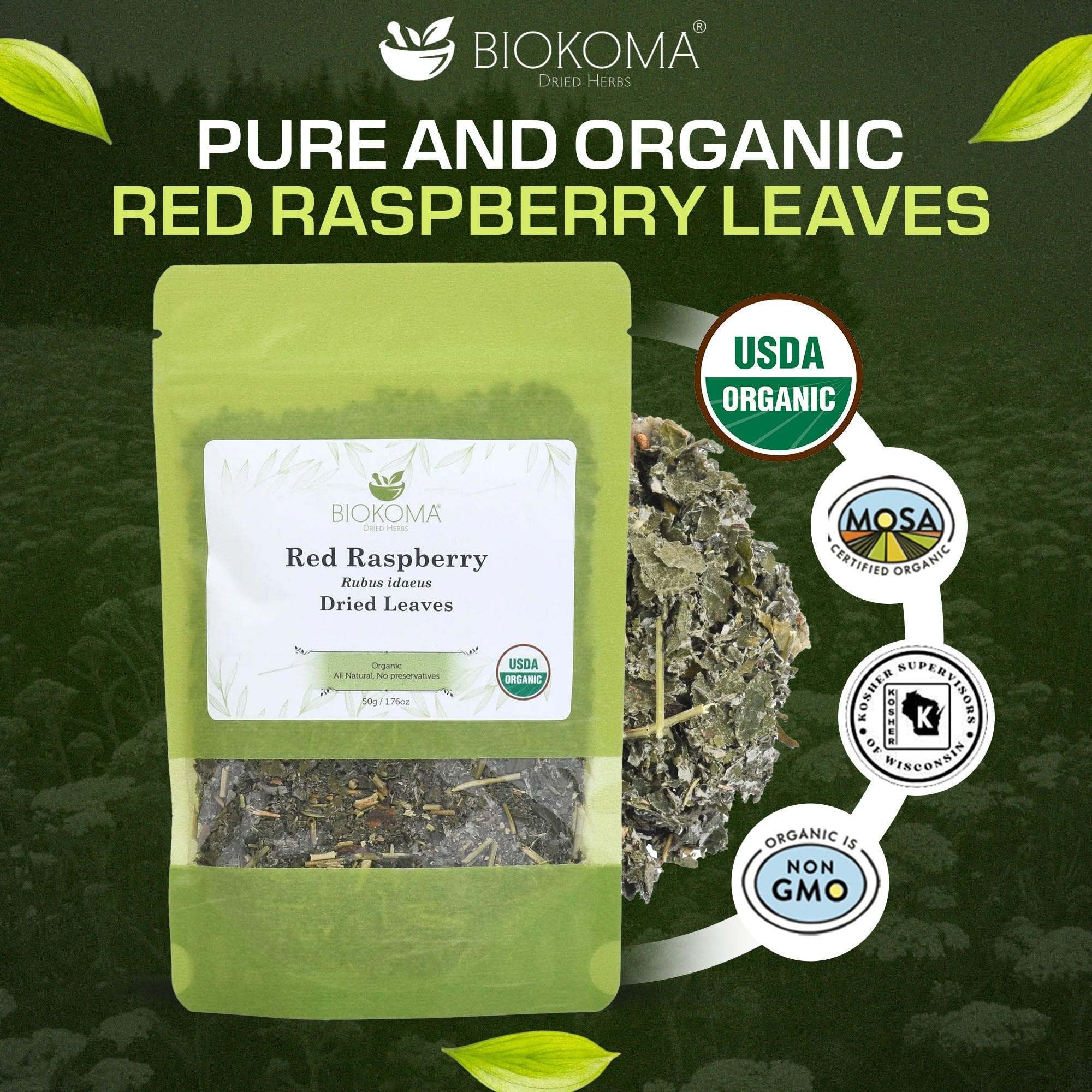 Biokoma Organic Red Raspberry Leaf 50g 1.76oz Dried Cut & Sifted Rubus Idaeus Healthy Pregnancy Support Resealable Pouch USDA Organic Herbal Tea