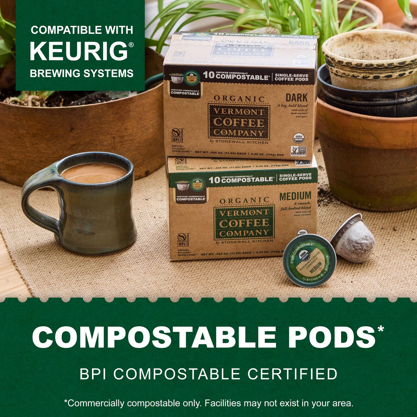 Vermont Coffee Company, Organic Medium Roast, Single-Serve Organic Compostable Coffee Pods for Keurig, 10CT, Compatible with Most Kcups Brewing