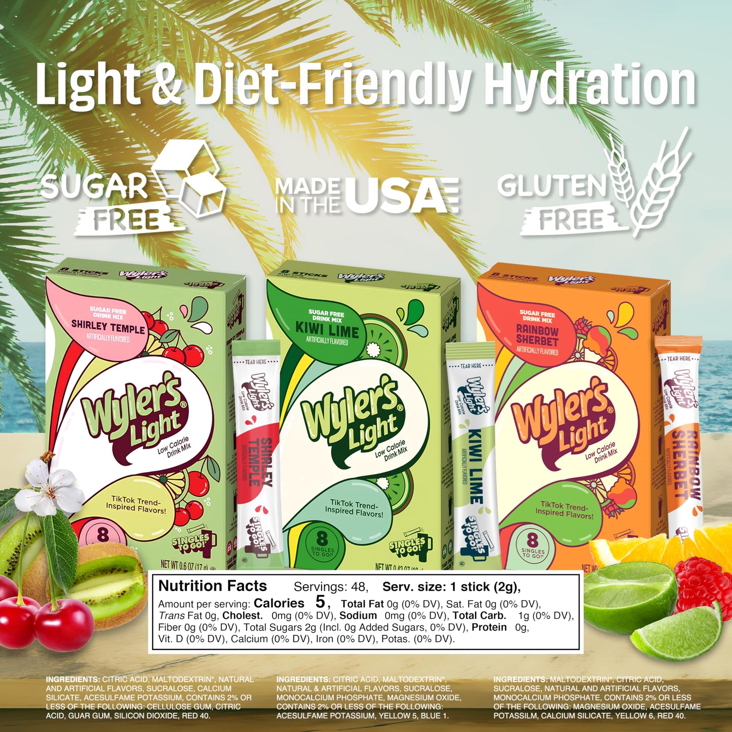 Wyler’s Light Water Flavoring Packets - Tropical Variety 6 Pack, 2 of Each Flavor - Kiwi Lime, Shirley Temple, Rainbow Sherbet - Sugar Free Singles