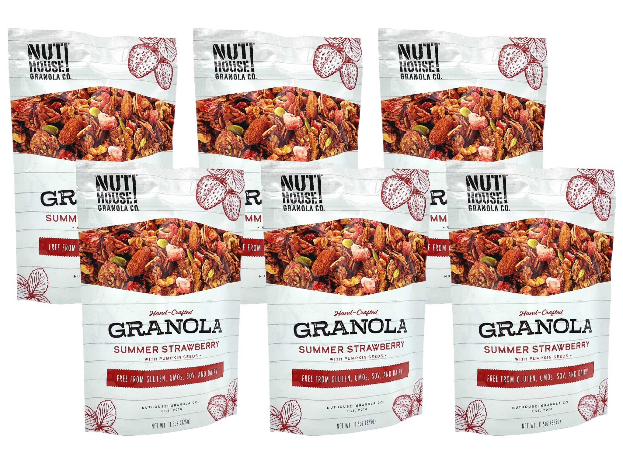 NutHouse! Granola Company - Premium Summer Strawberry Granola | Certified Gluten-Free, Non-GMO, Kosher | Vegan, Soy-Free | 11.5 oz. Bag (6-Pack)