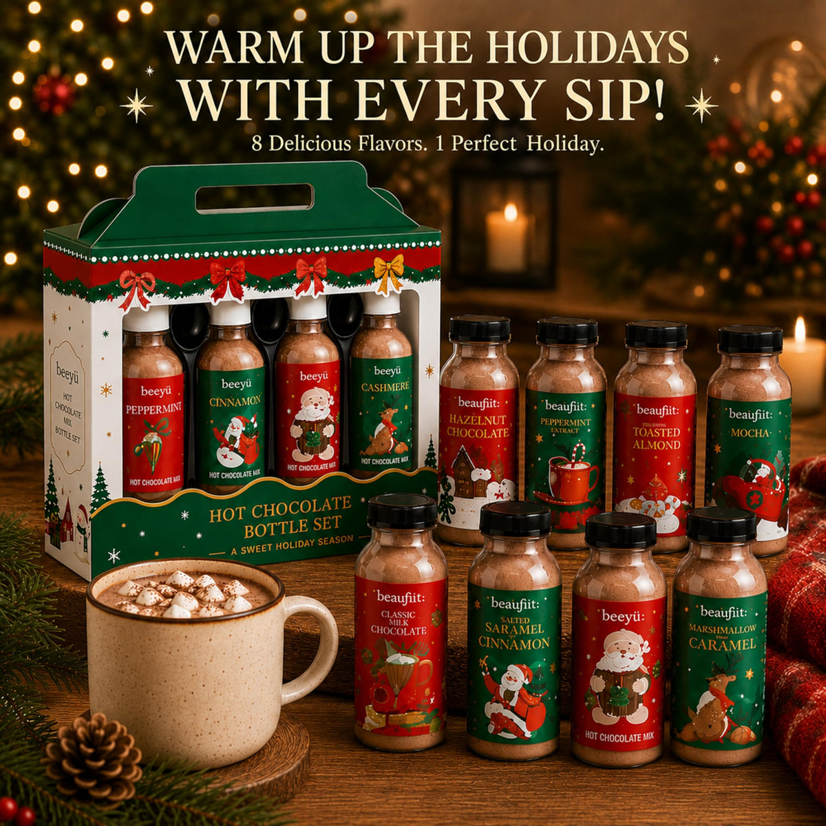 Hot Chocolate Gift Set - Box of 8 Instant Hot Chocolate Bottles 8 Flavours Multipack 320g